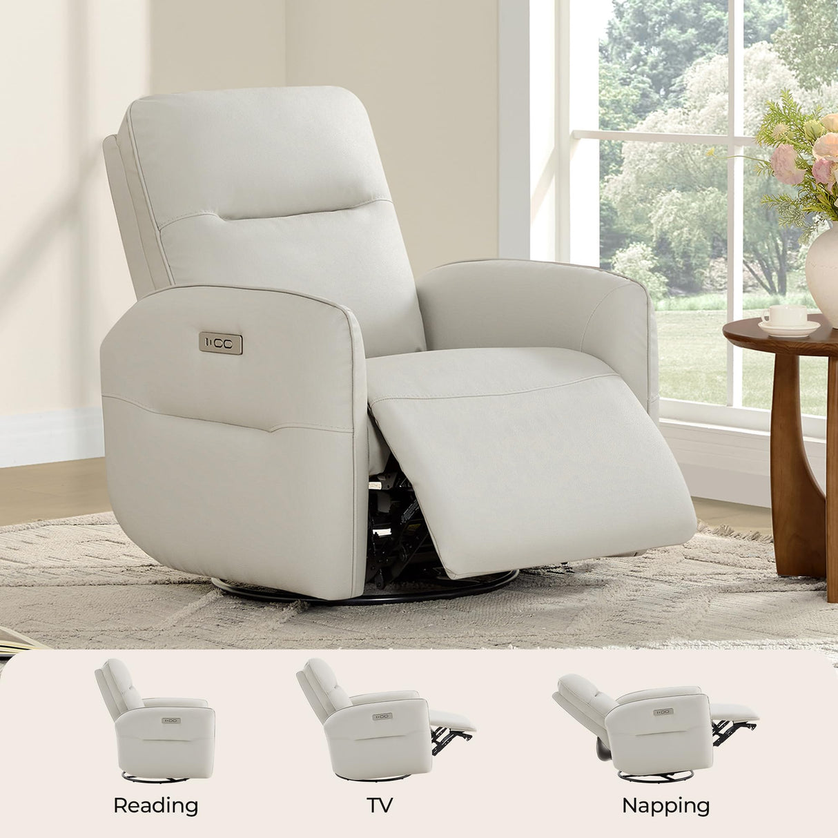 CHITA Faux Leather Power Recliner Chair, Swivel Glider Recliner for Adults, Nursery Rocking Chair with USB & Type-C Charging for Living Room, Bedroom, Creamy Grey CHITA