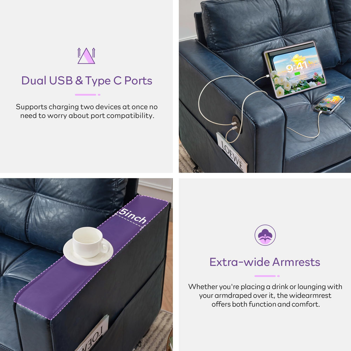 TYBOATLE 88" W Faux Leather Couch w/Side Pockets, Mid-Century Modern Tufted Comfy Leather Couches w/USB and Wider Arms, 3 Seater Sofa for Office, Apartment, Bedroom, Blue (Blue, 3 Seater) TYBOATLE