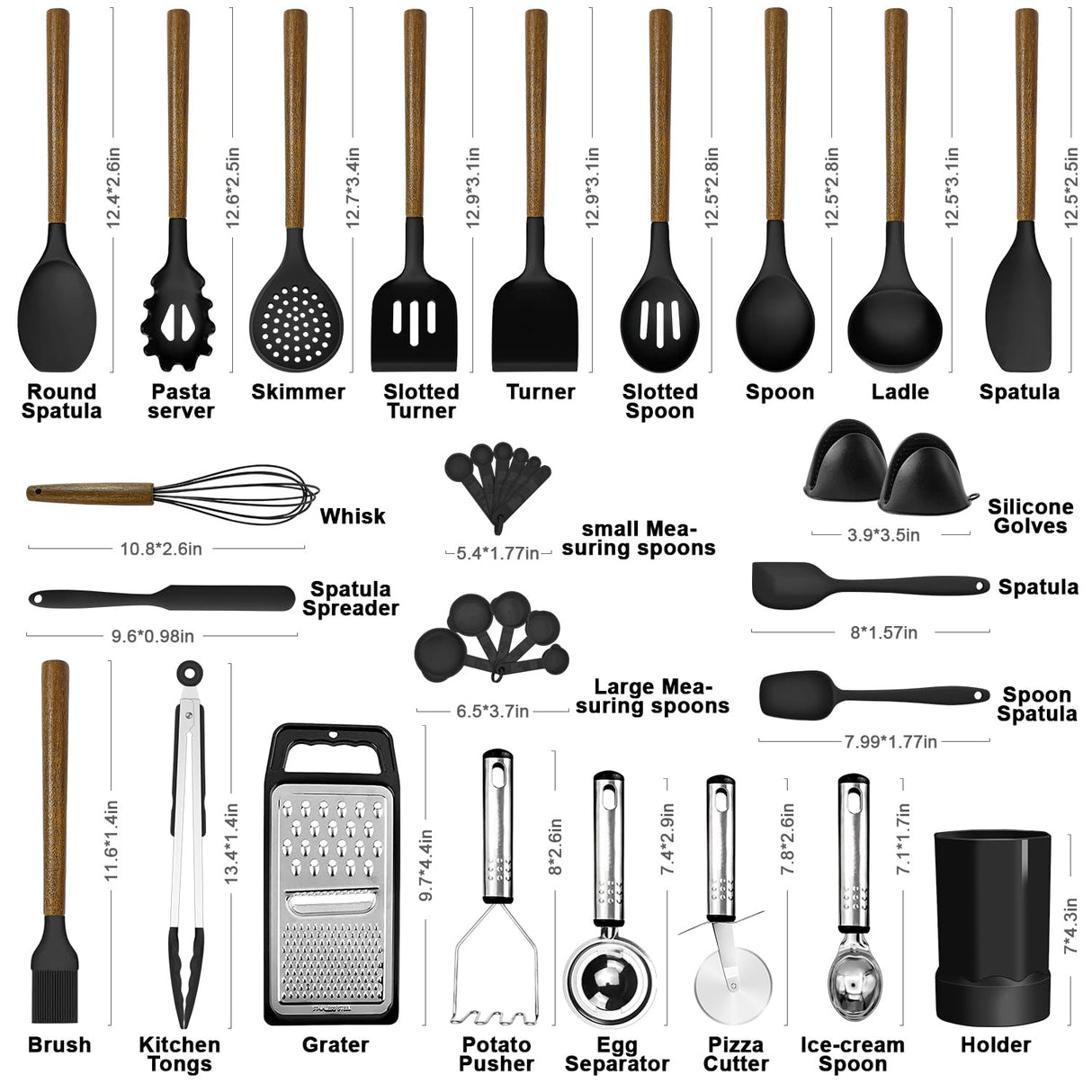 Kitchen Cooking Utensils Set-446°F Heat Resistant Silicone Kitchen Utensils for Cooking-34 Piece Kitchen Set with Natural Acacia Wooden Handles and Holder, BPA FREE for Non-Stick Cookware (Black) BESTZMWK