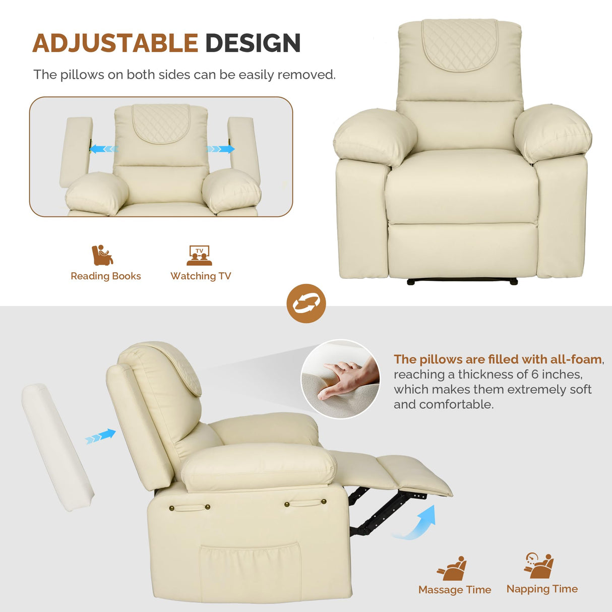 Recliner Chair, Electric Recliner Massage Chairs for Adults with PU Leather,Padded Seat Backrest Comfy Chairs for Living Room, Reading, Sleeping, Adjustable Recliner (Beige) homeokay
