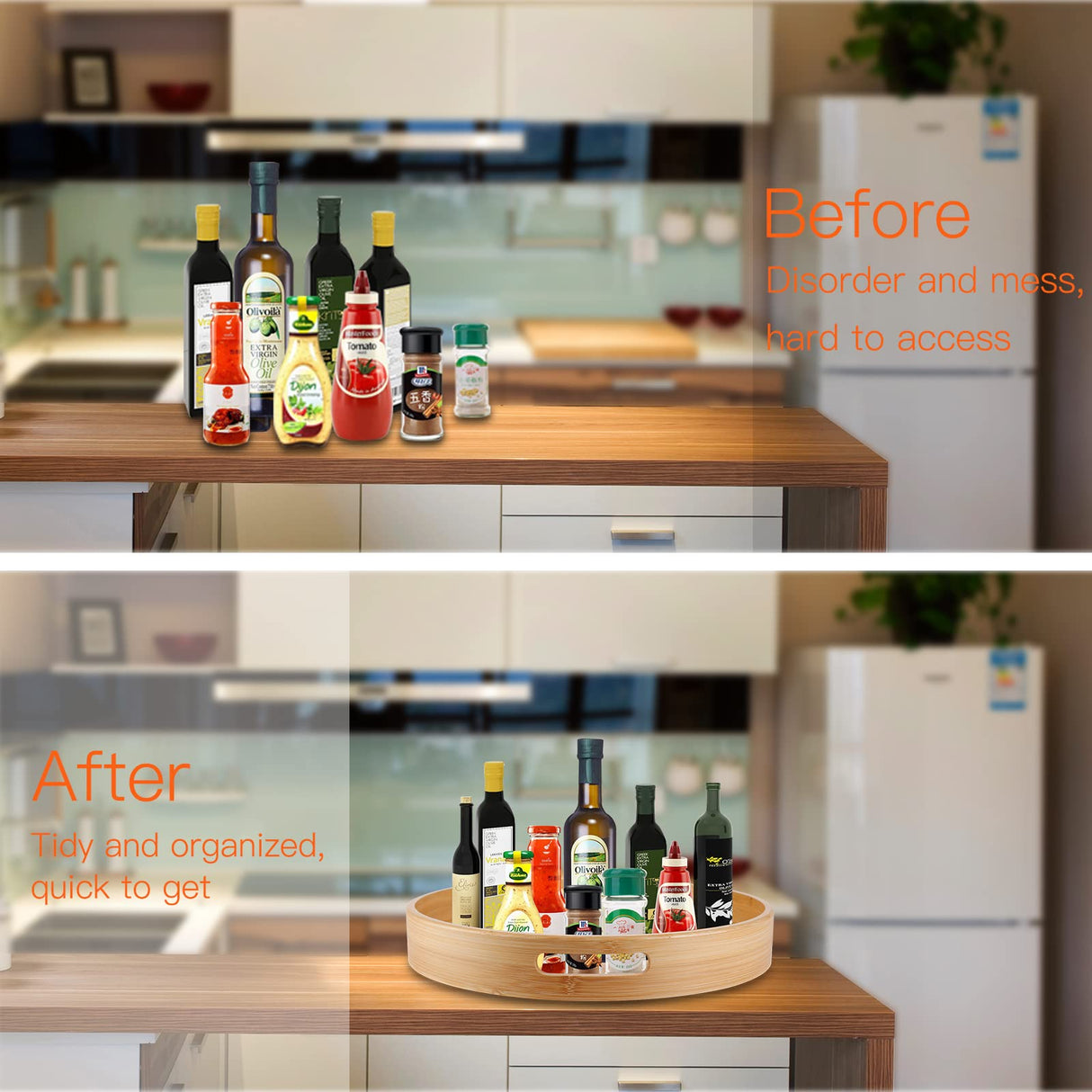 Lazy Susan Organizer 14 inch, Bamboo Lazy Susan for Table, Kitchen Turntable Organizer with Double Handles, Round Wood Rotating Turntable Spice Organizer for Countertop Cabinet or Pantry WEIFUTCH