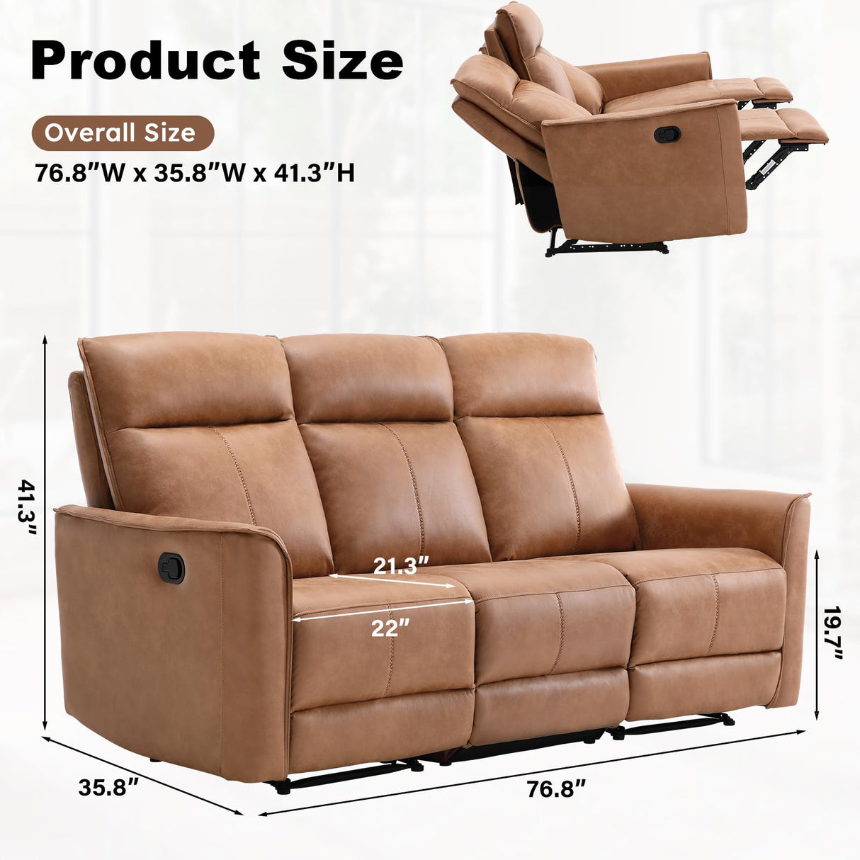 ANJ Manual 3 Seat Recliner Sofa, Modern Classic Couch Set with Overstuffed Arms and Back for Living Room Bedroom ANJ