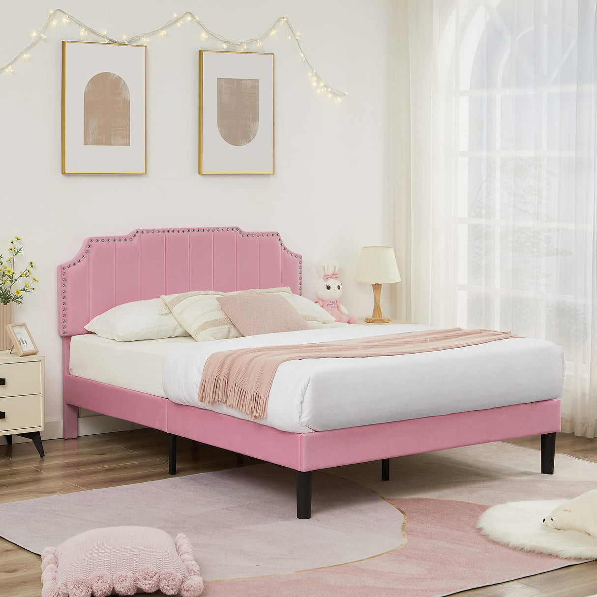 VECELO Full Size Upholstered Platform Bed Frame with Tufted Adjustable Headboard/Mattress Foundation/Wood Slat Support,Easy Assembly,Pink VECELO