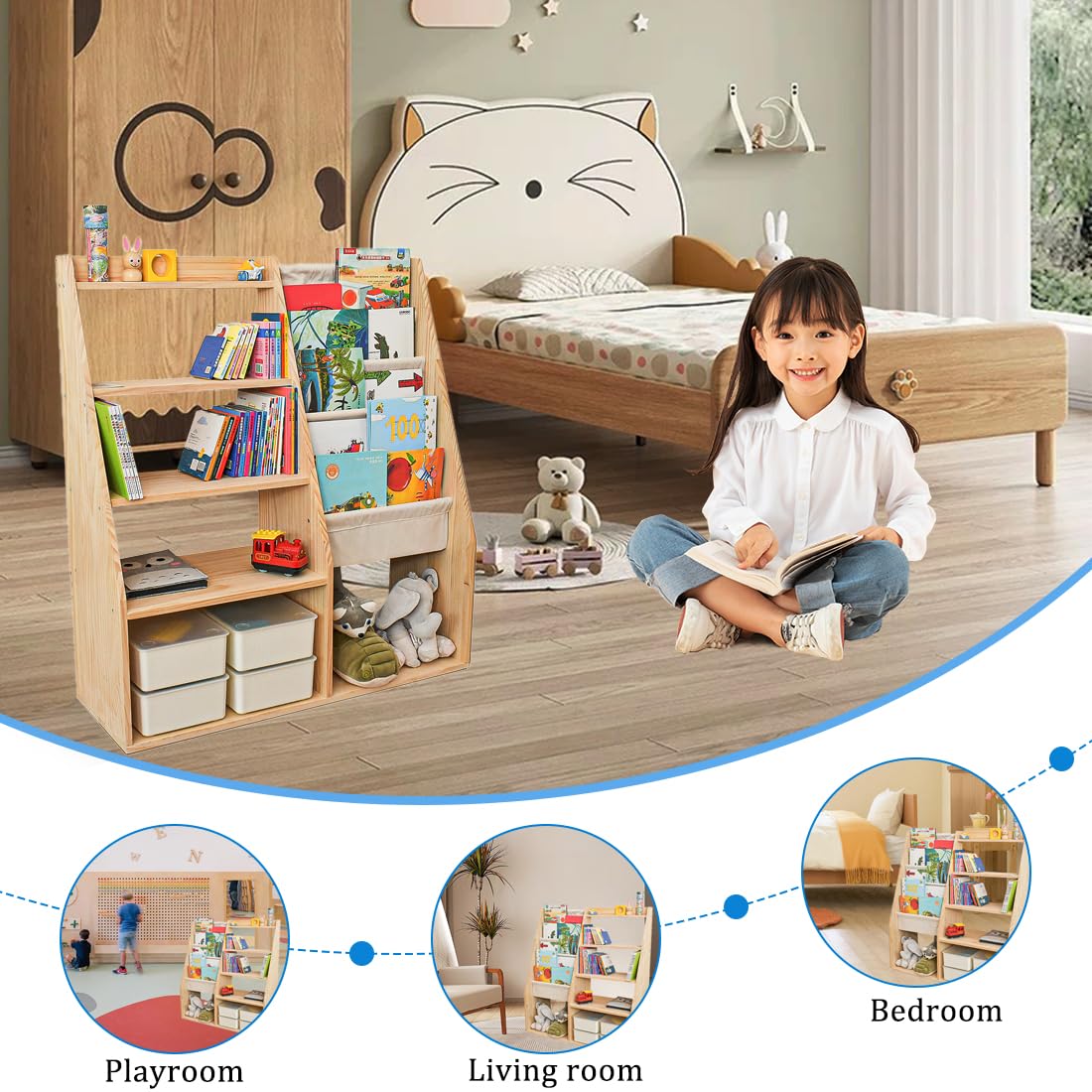 MORIMOE Solid Wood Kids’ Bookshelf & Toy Organizer – Eco-Friendly Multi-Purpose Storage Solution for Playrooms and Classrooms MORIMOE