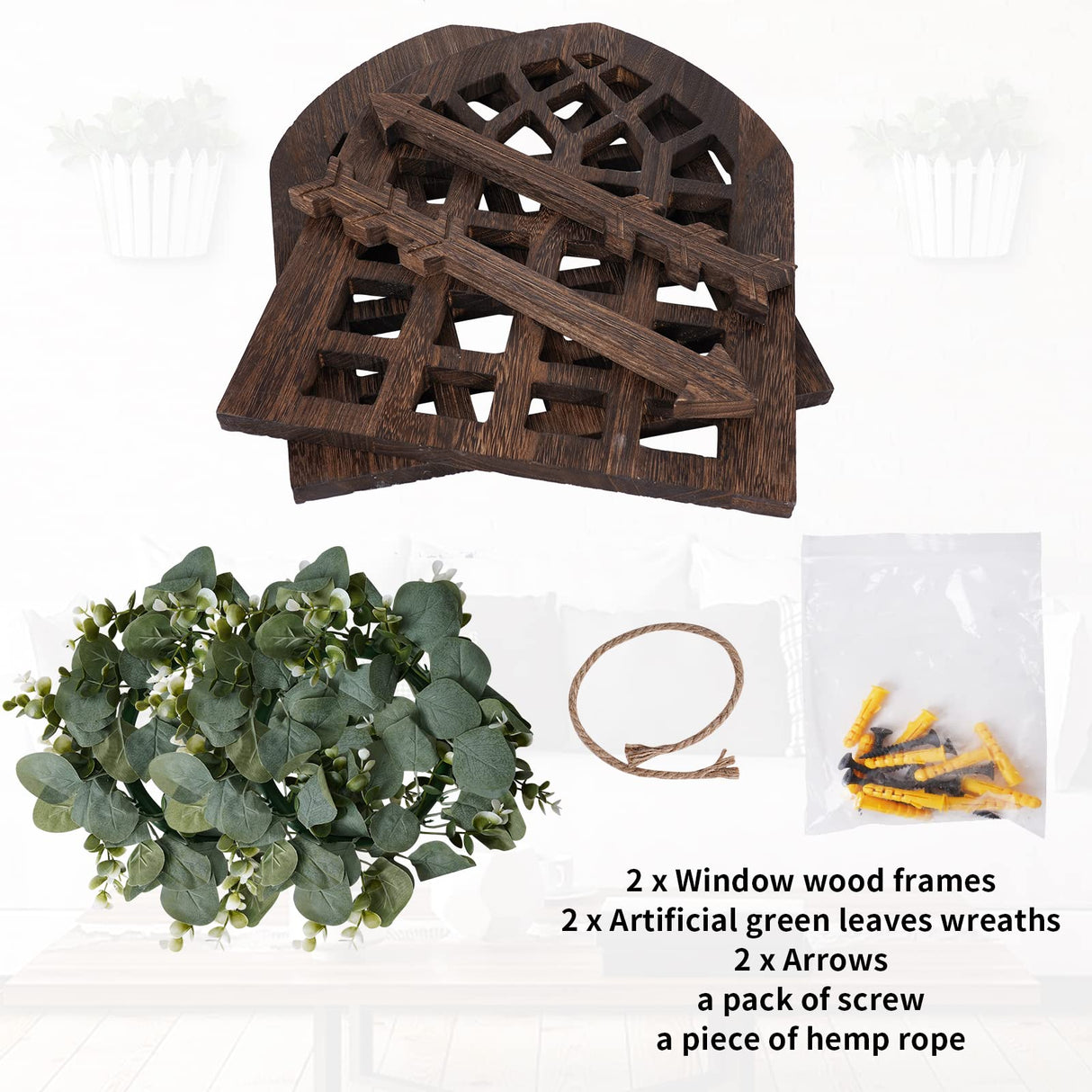 WAKOSAN Rustic Wood Window Frame with Green Wreath and Arrows Wall Decor,Farmhouse Wall Decor, Wooden Fake Window Decoration,Window Pane Wall Decor,Set of 2 (windows brown) WAKOSAN