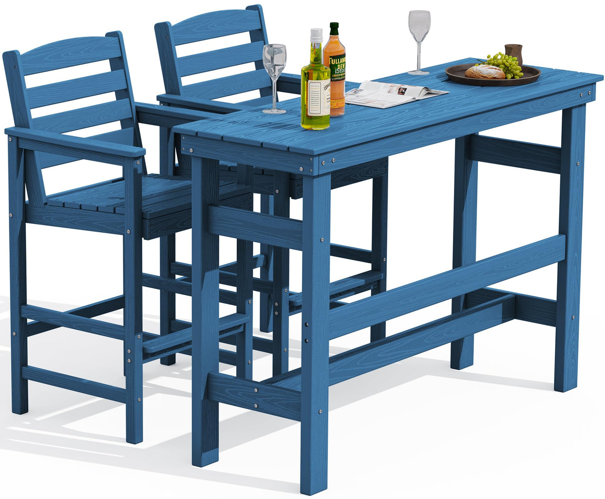 SERWALL Outdoor Bar Table and Chairs Set, Adirondack Bar Chairs Set of 2 and Bar Height Table, All Weather HDPE Outdoor Patio Bar Set, Outdoor Furniture for Outside, Poolside, Backyard, Garden, Blue SERWALL