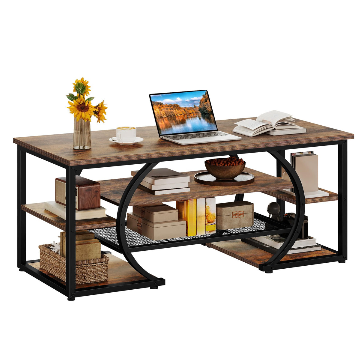 YITAHOME Rustic Coffee Table with Storage 5 Tier Center Living Room Table, 47" Farmhouse Wood Rectangle Cocktail Tea Table, Modern Industrial Accent Table w/Arched Metal Frame for Home Decor, Brown