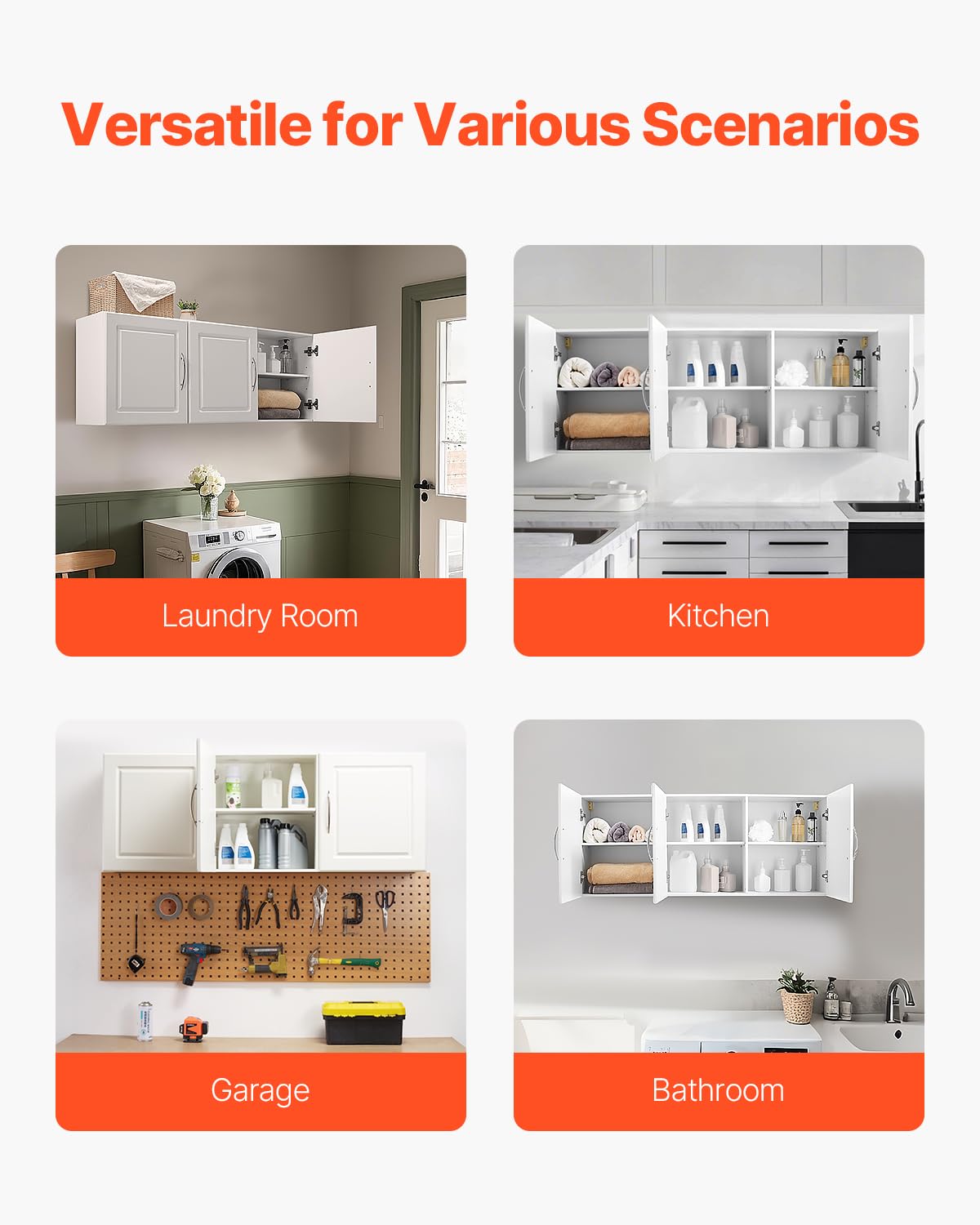 VEVOR Laundry Room Wall Cabinet, 2-Tier Wall Mounted Hanging Cabinet with 3 Doors, Cupboard Organizer with Adjustable Shelf, for Kitchen, Garage, Laundry, 12.44 x 54 x 20.31 in (D x W x H), White VEVOR