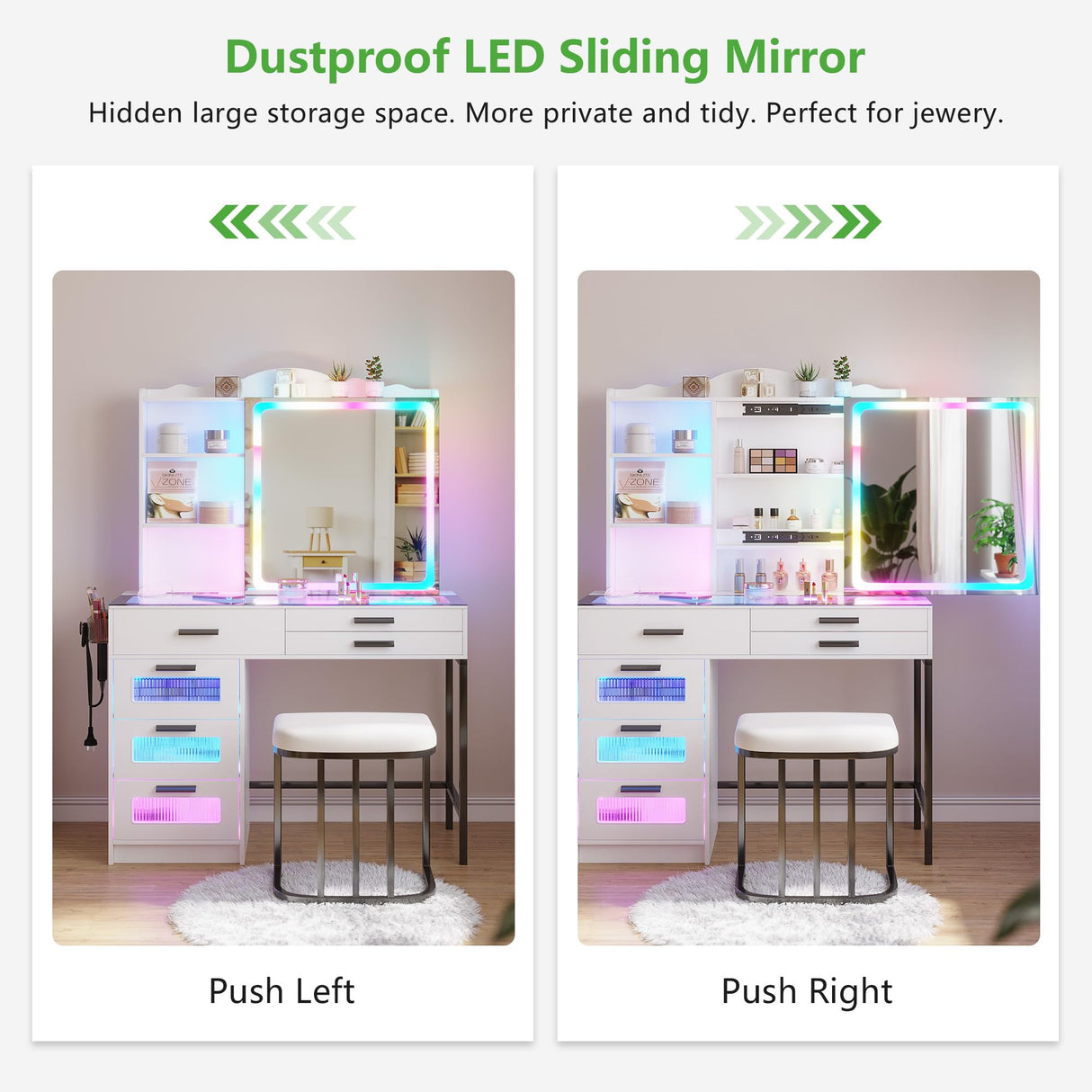 HENBC Vanity Desk with Sliding Mirror and Glass Desktop, LED Vanity Mirror with RGB Lights Desk and Chair, Dressers Vanity Table Set with Charging Station/Makeup Organizer/6 Drawers (White) HNEBC