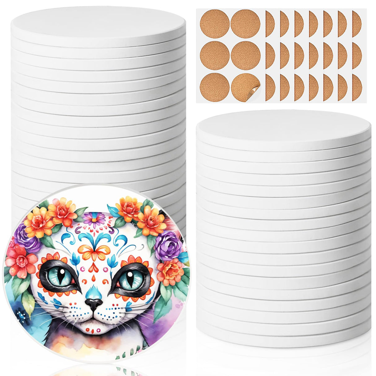 Ceramic Tiles for Crafts, GOH DODD 48 Pack Unglazed Blank Coasters White Tiles with 48 Cork Backing Pads for Alcohol Ink, Painting, Acrylic Pouring, DIY, Art Projects, Decorating, Round, 4 Inch GOH DODD