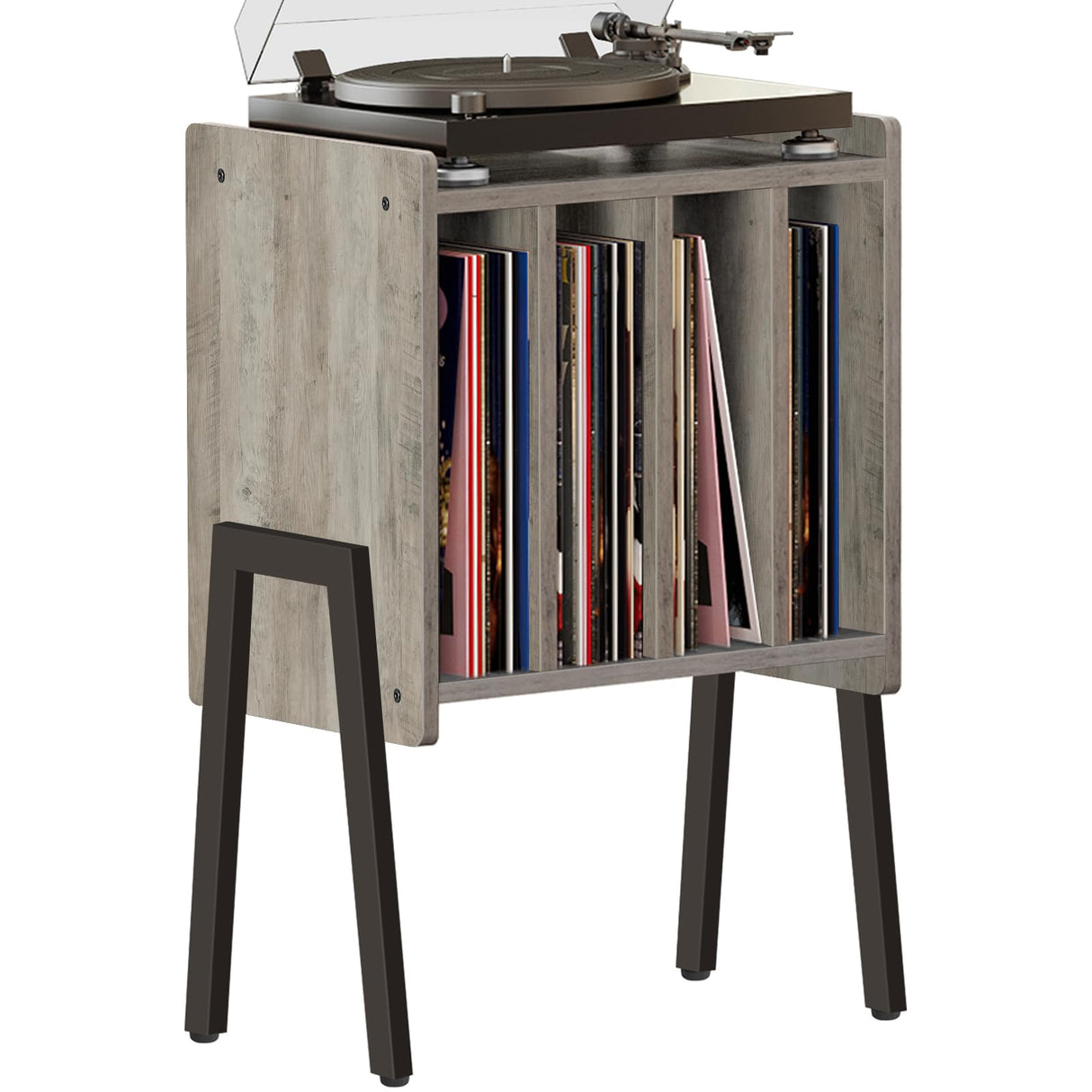 TUTOTAK Record Player Stand, Record Storage Table, End Table with Vinyl Holder Display Shelf, Side Table, Turntable Stand, Nightstand (Greige) TUTOTAK