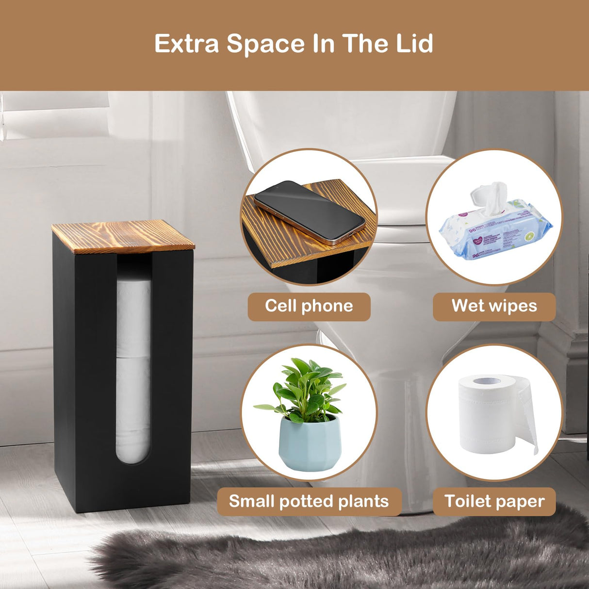 GCWSTJK Black Freestanding Wooden Toilet Paper Holder Stand, Rustic Bathroom Storage Organizer with Burnt Wood Lid, Fits 3 Extra XXL Toilet Paper Rolls GCWSTJK