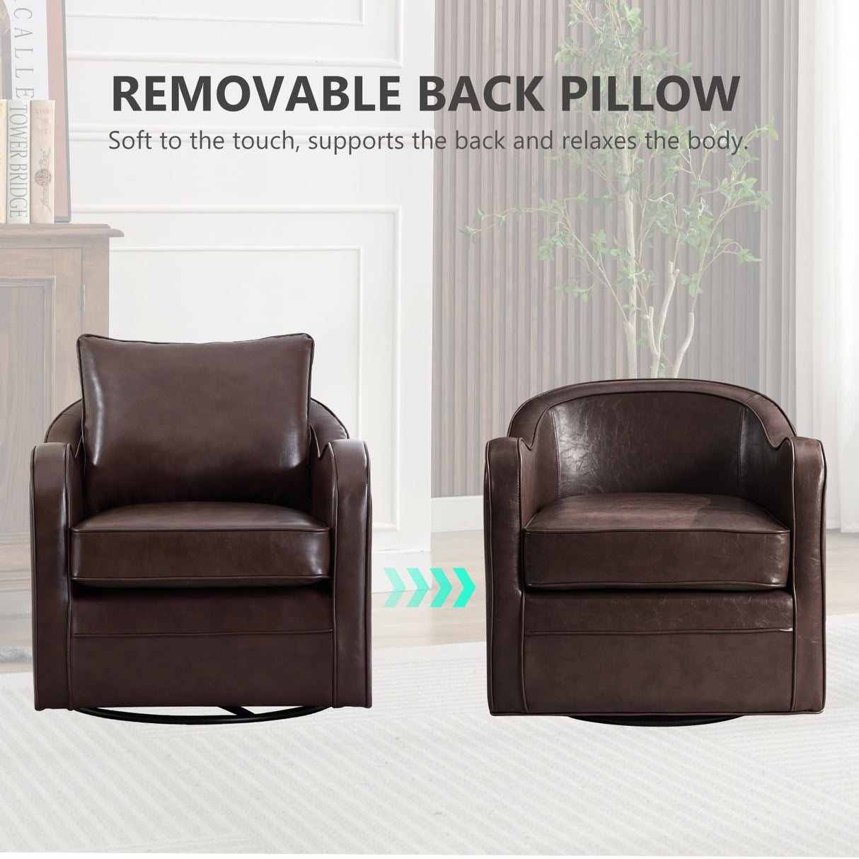 Simore Faux Leather Swivel Barrel Accent Chair Set of 2 for Living Room Bedroom, Comfy Modern Round Swivel Chair with Removable Pillow, Dark Brown Simore