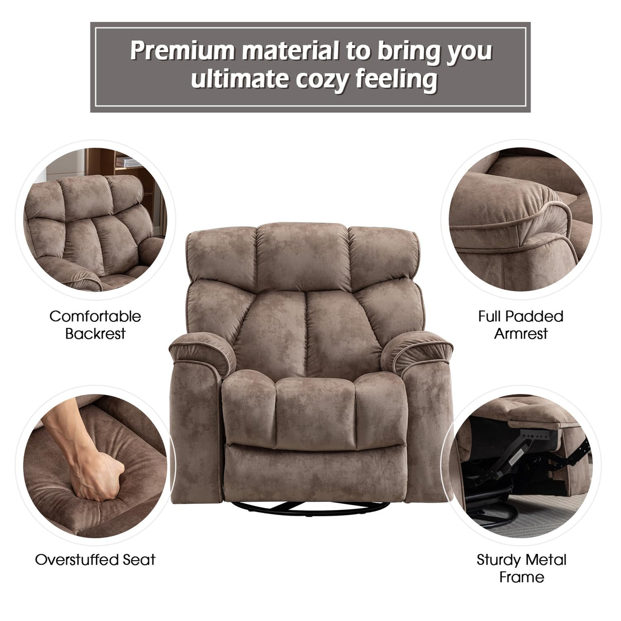 INZOY Oversized Rocker Recliner with Heat and Vibration, Manual Swivel Rocking Recliner Chair with Vibrating Massage, Comfy Padded Overstuffed Soft Fabric Heated Recliner,Camel INZOY
