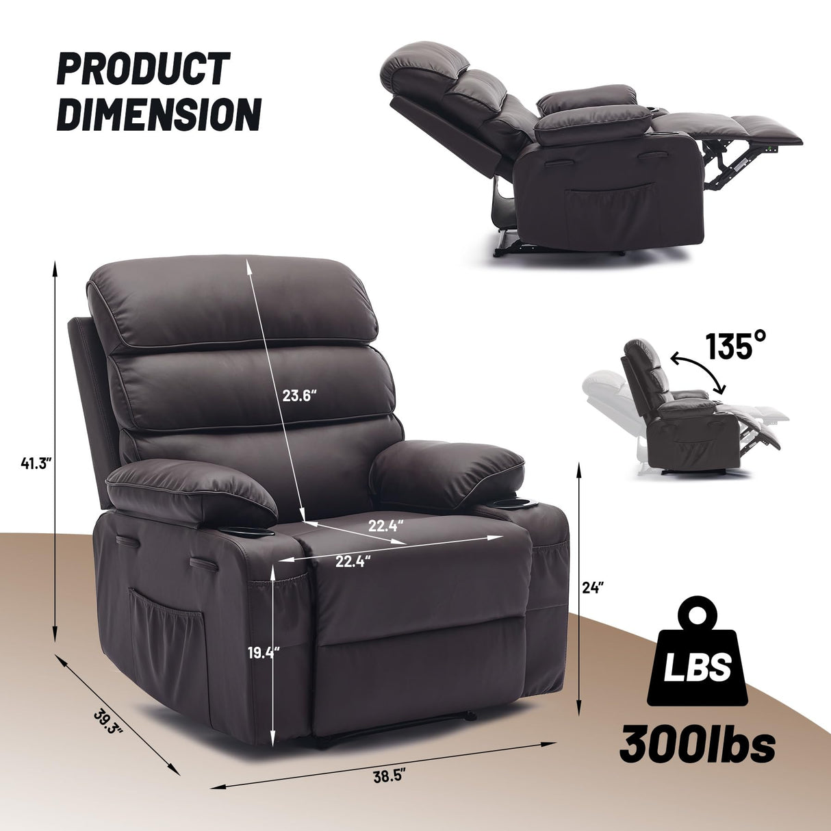 PU Leather Extra Wide Manual Recliner for Adults with Massage and Heat, Large Lazy Chair with 1.5X Sponge Comfort Arm and Back for Living Room, Bedroom PeacefulHues
