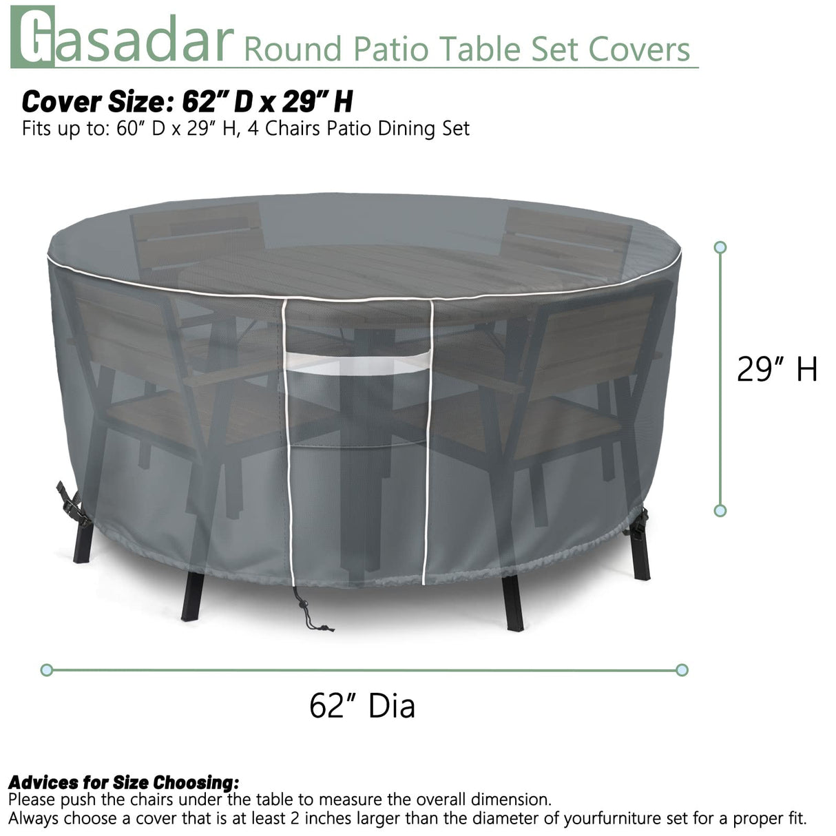 Gasadar Patio Furniture Covers, Round Outdoor Furniture Cover Waterproof, 600D Heavy Duty, 62" Dia x 28" H Round Patio Table Cover, Outdoor Cover for Patio Furniture Table and Chairs Set -Grey Gasadar