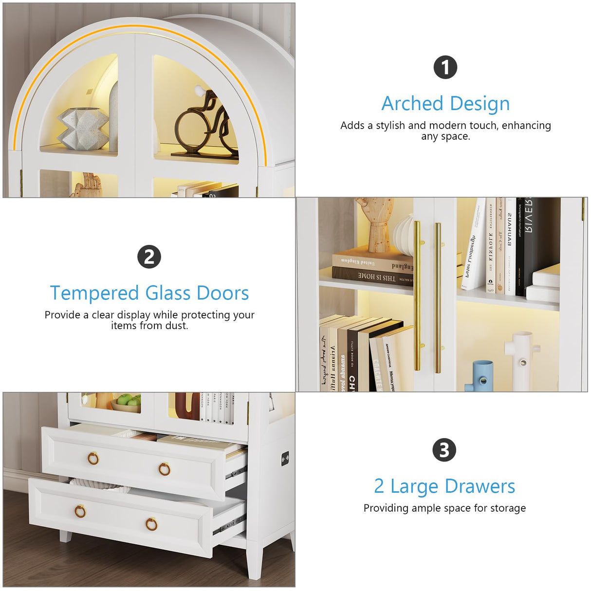 EOAWE Arched Curio Cabinet with Glass Doors, 4-Tier Display Cabinet with 2 Drawers, Tall Bookcase with 3 Color Lights, Display Case, Kitchen Pantry (White) EOAWE