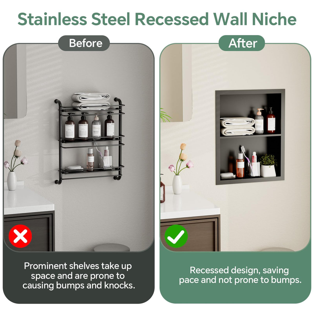 Giklux Stainless Steel Recessed Medicine Cabinet 14''*18'', Rust-Proof Metal Wall Niche, in Wall Shower Niche Shelf Insert Replacement, Recessed Medicine Cabinets for Drywall, Bathroom Storage, Black Giklux