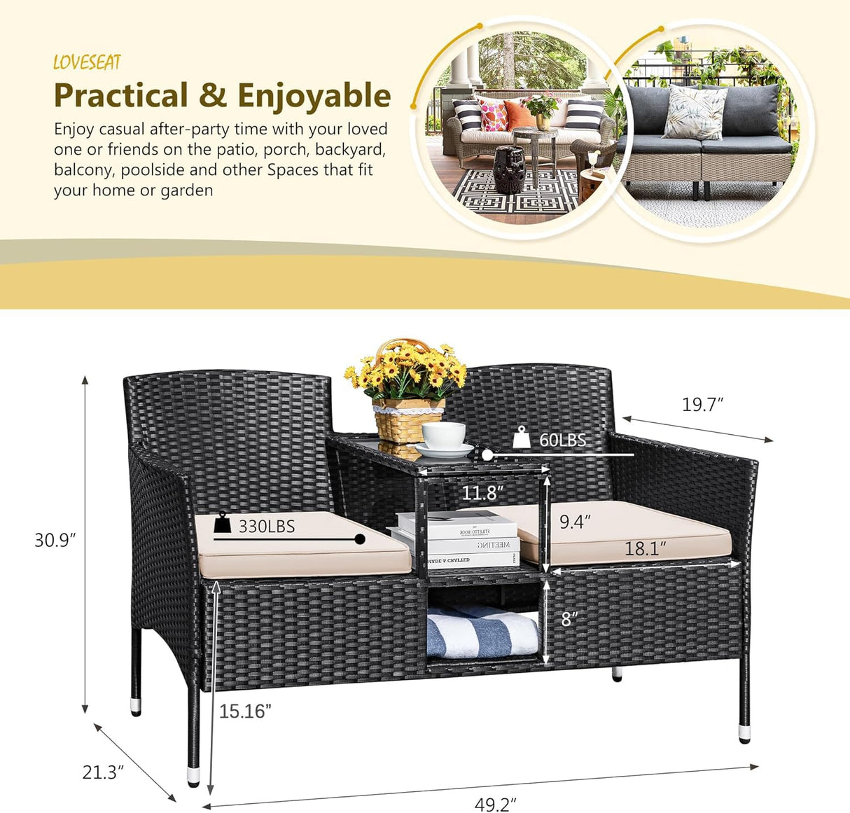Devoko Outdoor Patio Loveseat Modern Rattan 2-Seat Patio Conversation Set with Cushions & Built-in Coffee Table Porch Furniture for Garden Lawn Backyard (Beige) Devoko