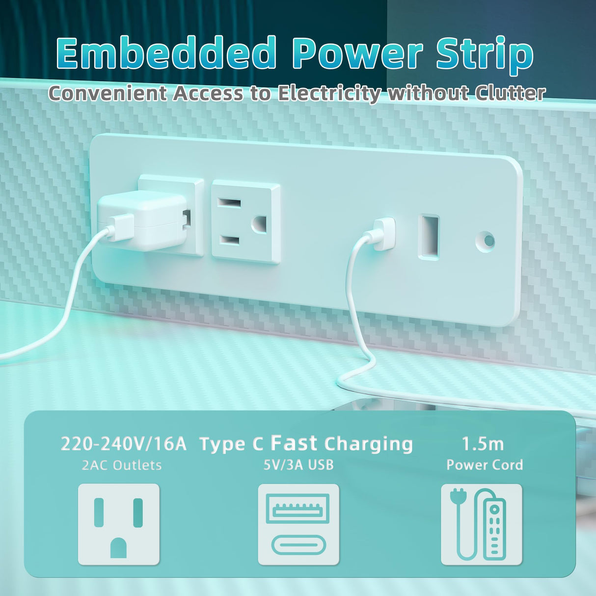 TIQLAB Gaming Desk 40 inch with Power Outlet and LED Light, Computer Desk with Reversible Shelves and Storage Drawer, Small PC Desk for Home Office Table with Bag, Carbon Fiber White TIQLAB