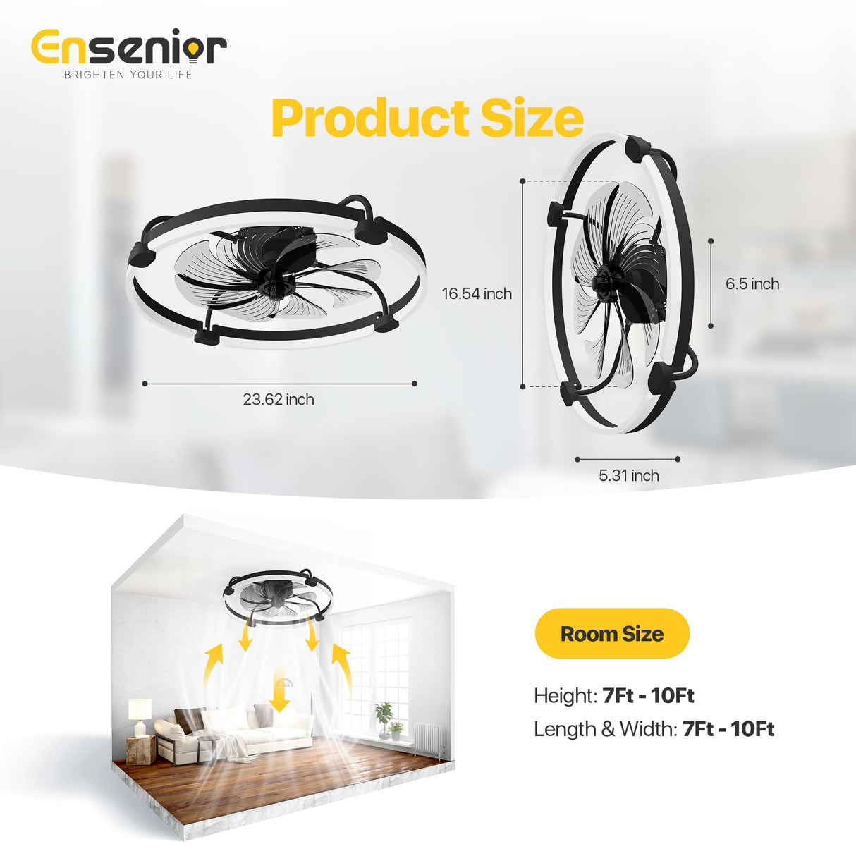 Ensenior 24'' Low Profile Ceiling Fans with Lights and Remote, Fandelier Ceiling Fan Flush Mount, APP Control, 6 Speed & 3000K-6500K Stepless Dimmable Small Ceiling Fan with Light for Bedroom - Black Ensenior