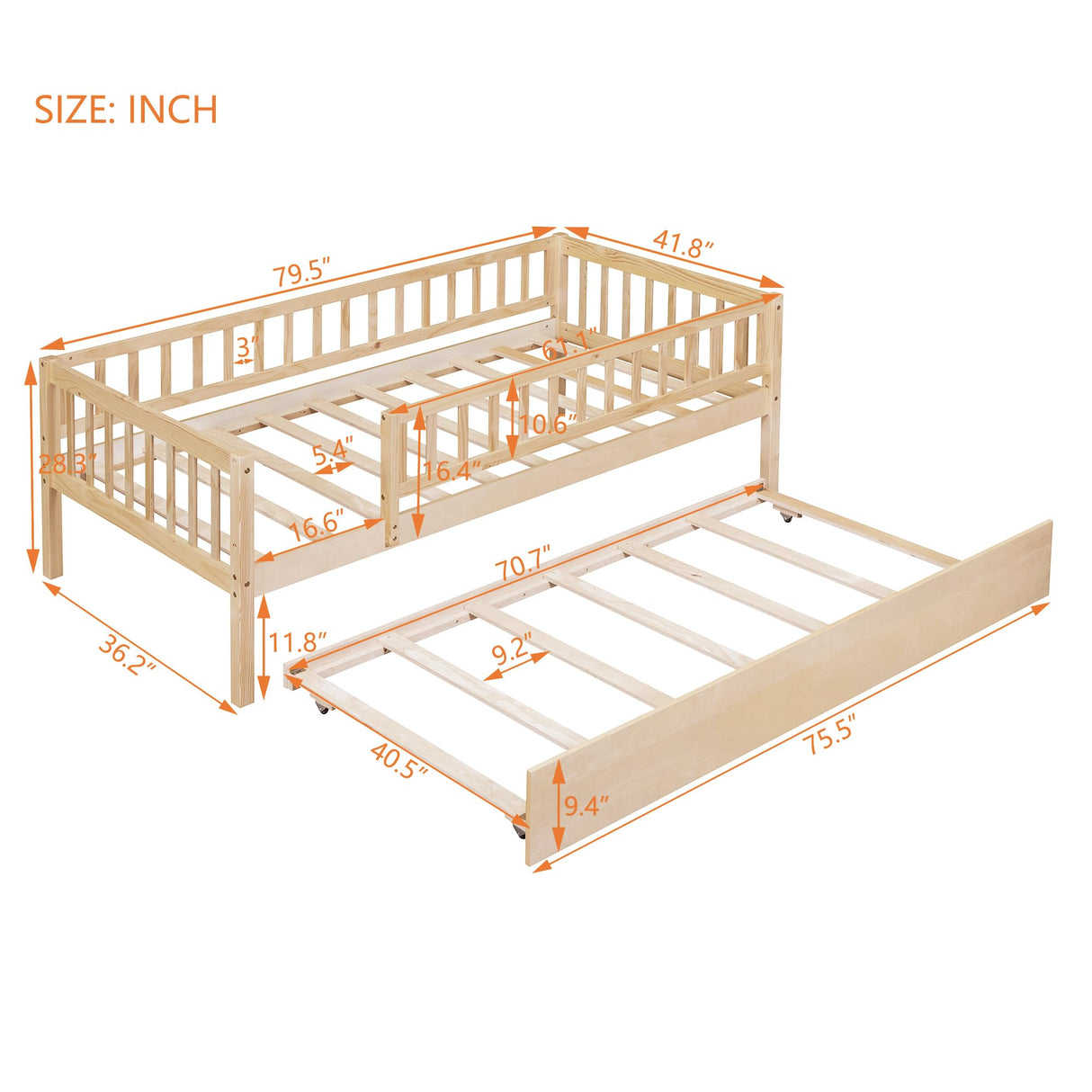 Harper & Bright Designs Twin Daybed with Trundle, Wood Twin Trundle Bed Frame with Fence Rails,Montessori Twin Bed for Kids Girls Boys Bedroom,Guest Room,Living Room,No Box Spring Needed,Natural Harper & Bright Designs