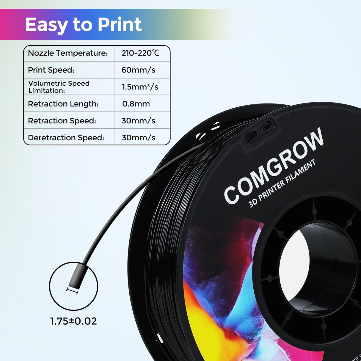 Comgrow TPU Filament, 1.75mm, 95A Soft TPU Flexible 3D Printer Filament Black 1kg (2.2lbs), Dimensional Accuracy +/- 0.02 mm, Fit Most FDM Printer Comgrow