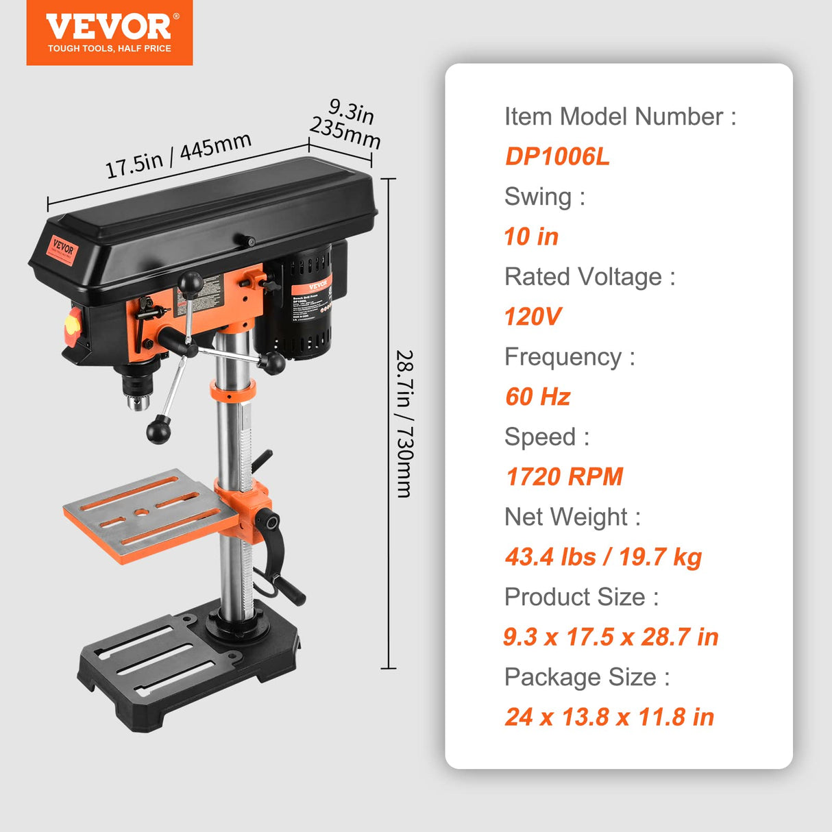 VEVOR 12 in Benchtop Drill Press, 5 Amp 120V, Variable Speed Cast Iron Bench Drill Press, 12 in Swing Distance 0-45° Tiltling Worktable with Laser Work Light, Tabletop Drilling Machine for Wood Metal VEVOR