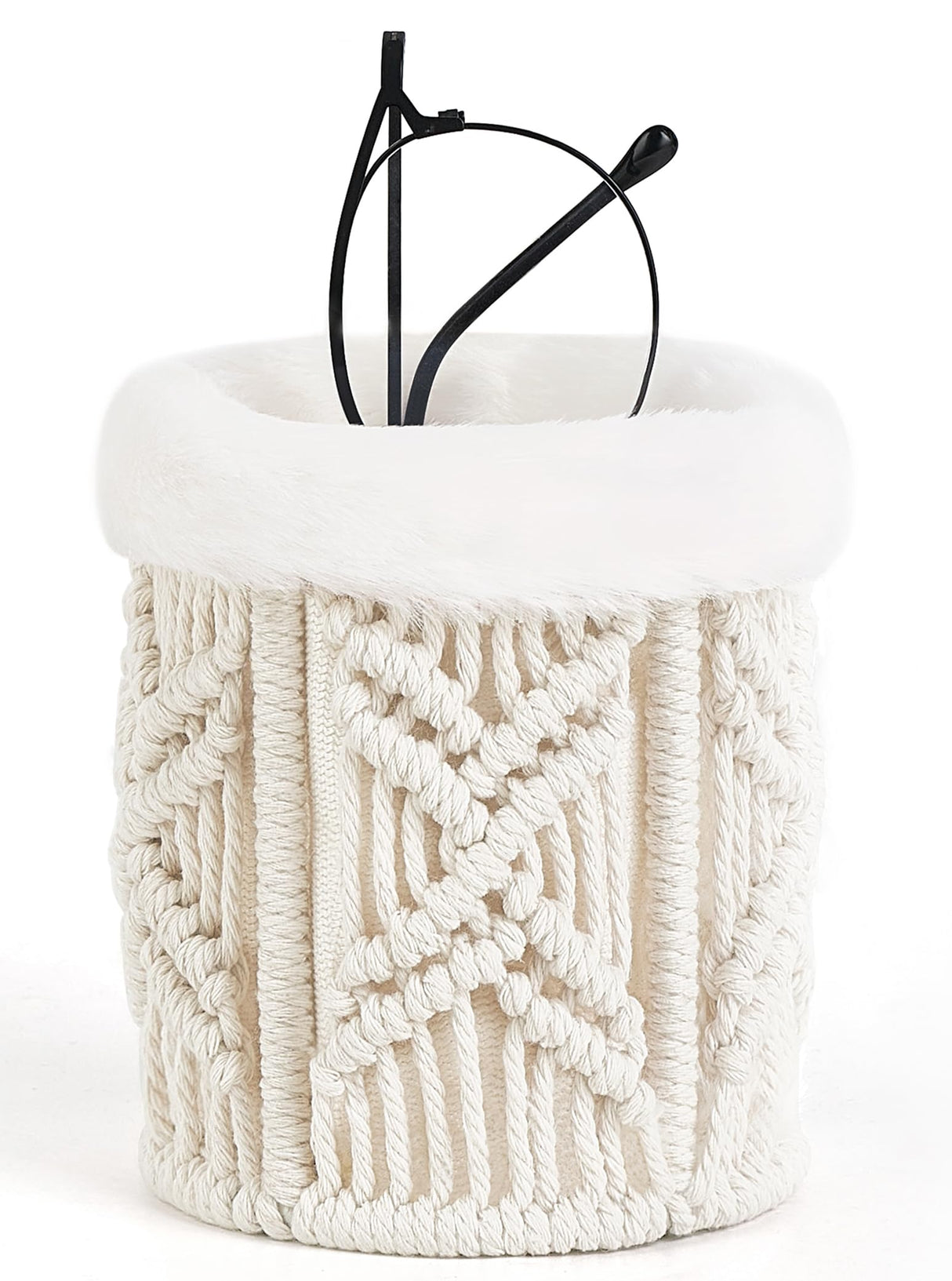 Mkono Glasses Holder for Nightstand Macrame Plush Lined Glasses Stand for Multiple Glasses Boho Decor Eyeglass Case Holder for Office Desk Organizer Mkono