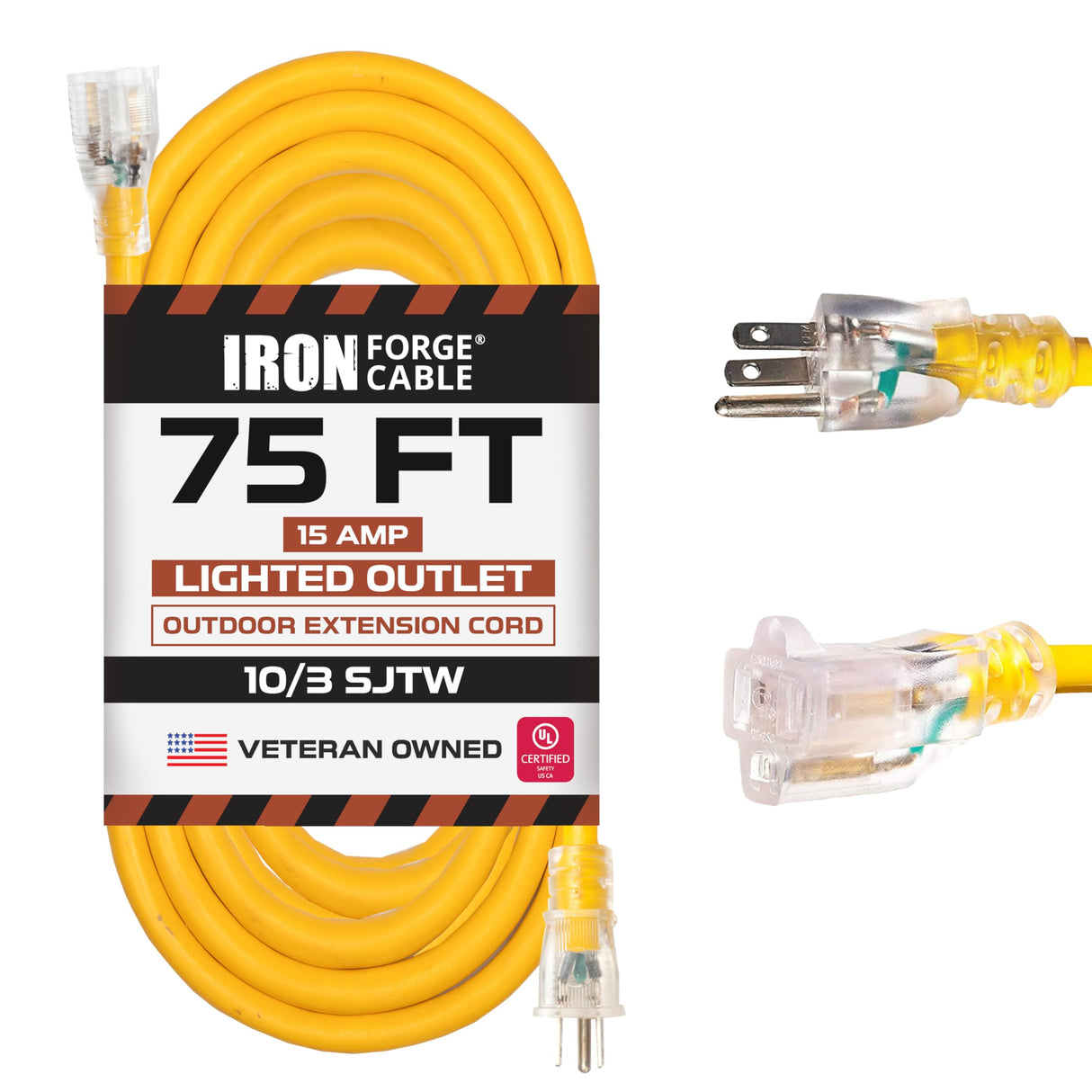 Iron Forge Cable 10 Gauge Extension Cord 75 ft, 10/3 Heavy Duty Extension Cord Outdoor 3 Prong, Weatherproof Yellow Power Cable 15 AMP Great for Major Appliances, US Veteran Owned IRON FORGE CABLE
