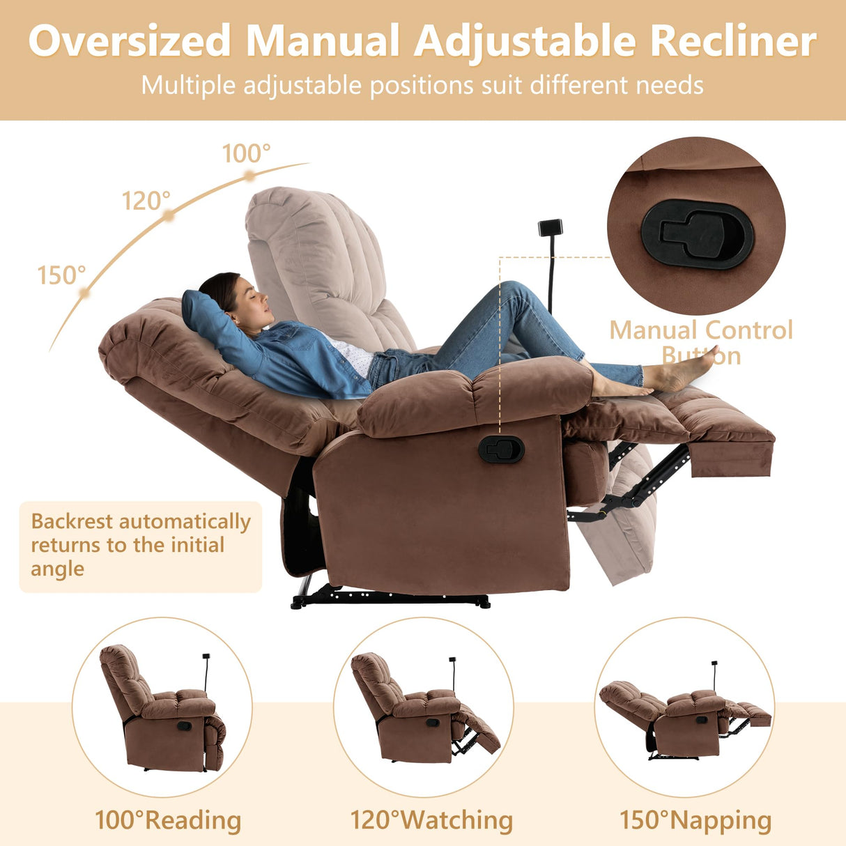 GNMLP2020 Oversized Recliner Chair, Big Mans Recliner Chairs for Adults 400LBS, Extra Wide Recliners for Tall Man, Large Recliner Chair for Living Room, Brown GNMLP2020