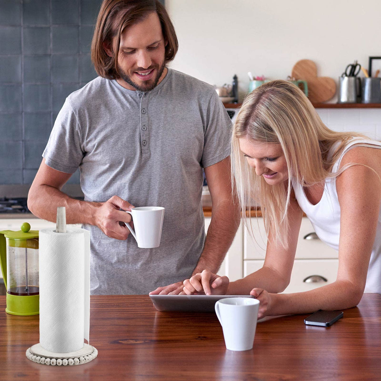 Farmhouse Paper Towel Holder Washed Beaded Paper Towel Stand Wood Paper Hanger Rack Standing Towel Roll Stand Organizer Paper Roll Holder Roll Dispenser for Kitchen Bathroom Countertop Cabinet, White Yoande