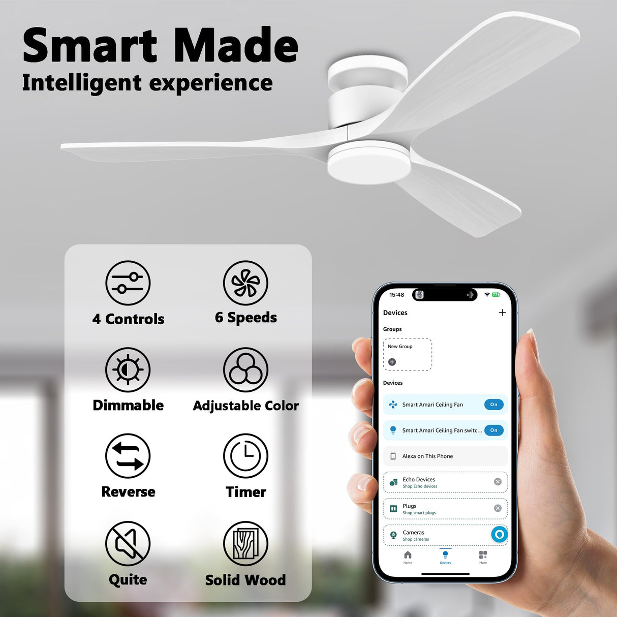 52 Inch Smart Low Profile Ceiling Fans,Solid Wood Outdoor Indoor Ceiling Fan with Lights Remote,WIFI Alexa App Control,Quiet DC Motor,Dimmable LED,Modern Flush Mount Fan for Bedroom Patio,White Lorpies