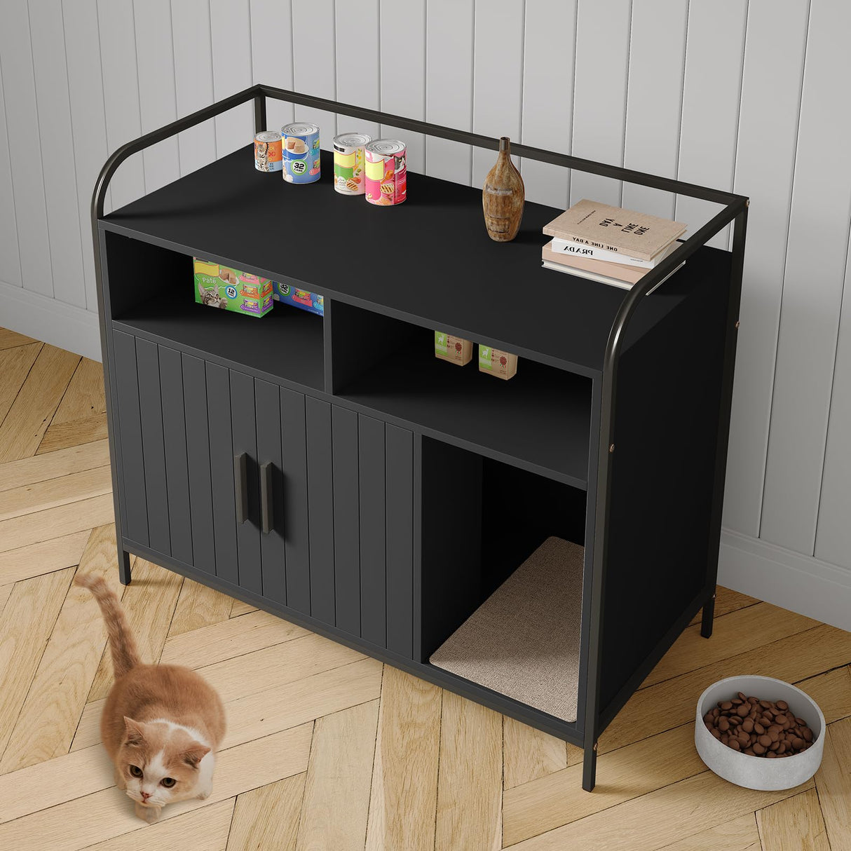 GarveeHome Cat Litter Box Enclosure with Metal Frame and Dual Storage Shelves, Modern Hidden Litter Box Furniture Indoor Cat House, Side Table Style Black GarveeHome