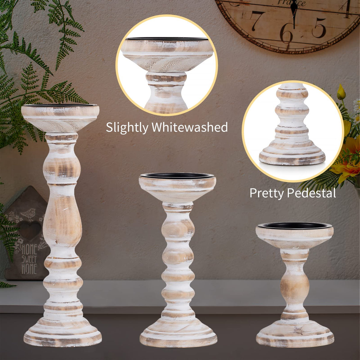 Candle Holder for Pillar Candles: Romadedi Set of 3 Decorative Wood Candlestick Holders, Rustic Wooden Candle Stand for Fireplace Mantle End Table Shelf in Farmhouse Style, Whitewashed 6”, 8.3”, 12” Romadedi