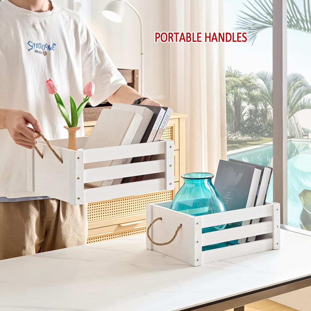 ROSOS Wooden Crates, Farmhouse Wood Crates for Storage with Rope Handles, Solid Wooden Crates for Display, Durable Wooden Crate Box, Handmade Wooden Box, Wooden Crates for Decor, White Crate, 2 Pack ROSOS