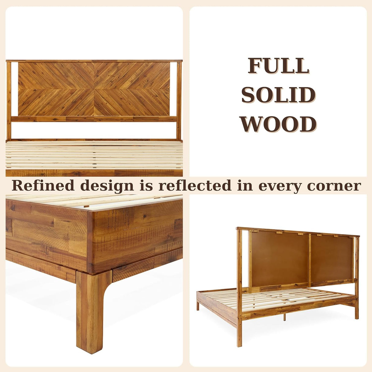 Bme Vivian 14 Inch Rustic Golden Brown Deluxe King Bed Frame with Herringbone Headboard Bme