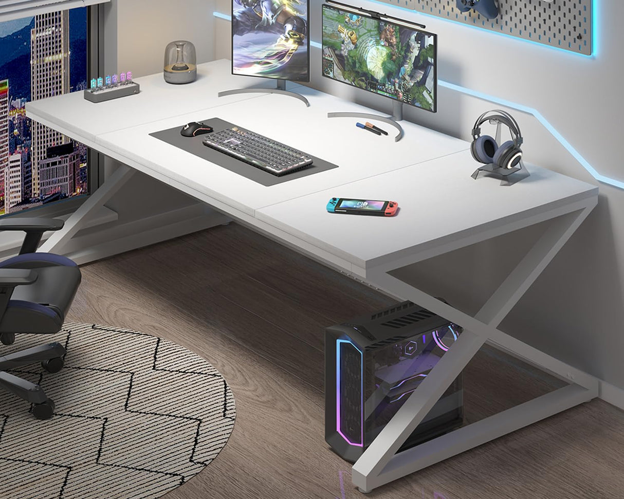 LVB 70.8" Long Desk, Modern Large White Computer Desk for Home Office Work, Wood Metal Computer Table for Writing Study in Bedroom, Simple Gaming Desk for 2 Monitor Workstation, White Oak, 70 in LVB