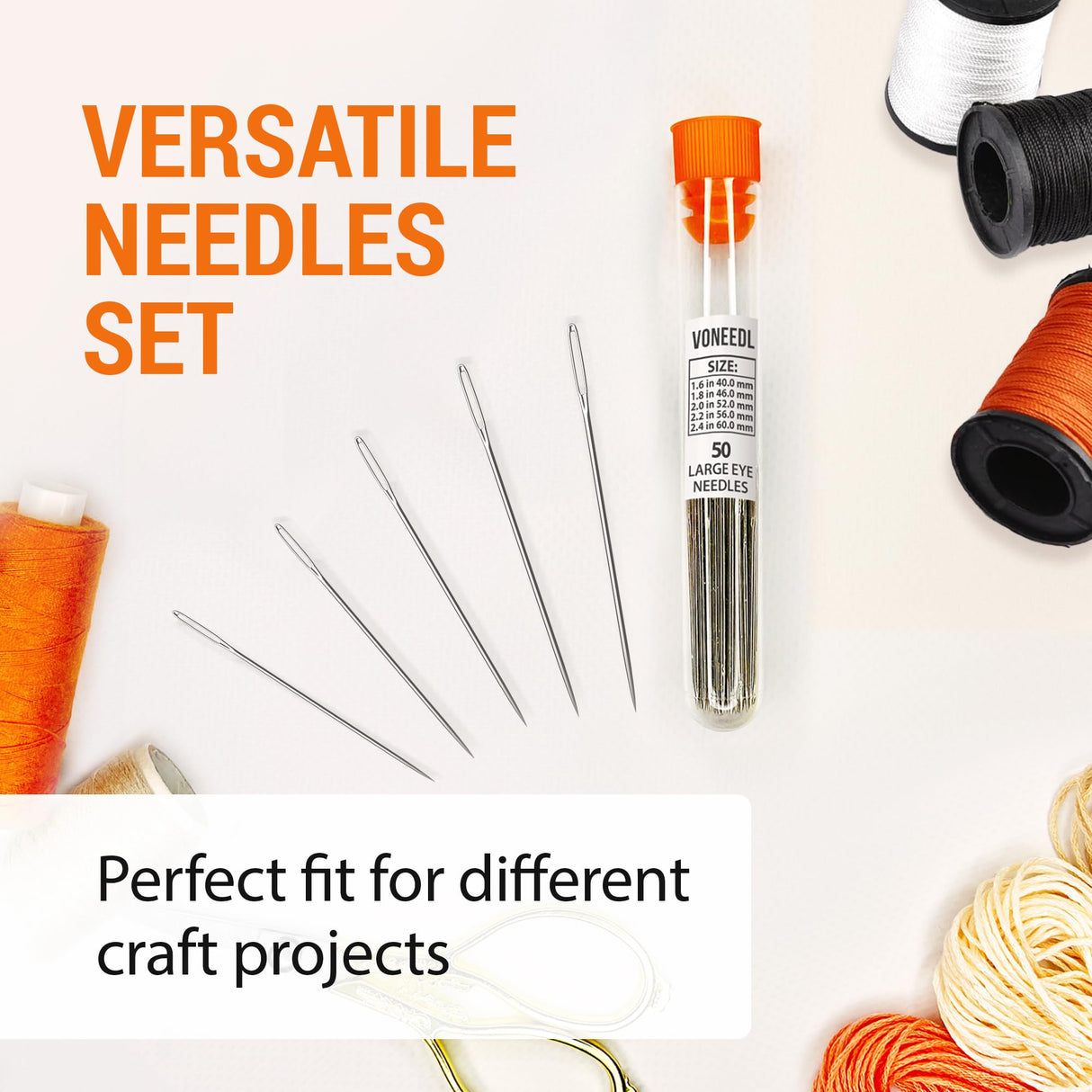 VONEEDL 50 Large Eye Heavy Duty Needles - 5 Sizes Easy to Thread Sharp Point Needles Perfect for Hand Sewing, Knitting, Crewel Darning, Crafting, and DIY VONEEDL
