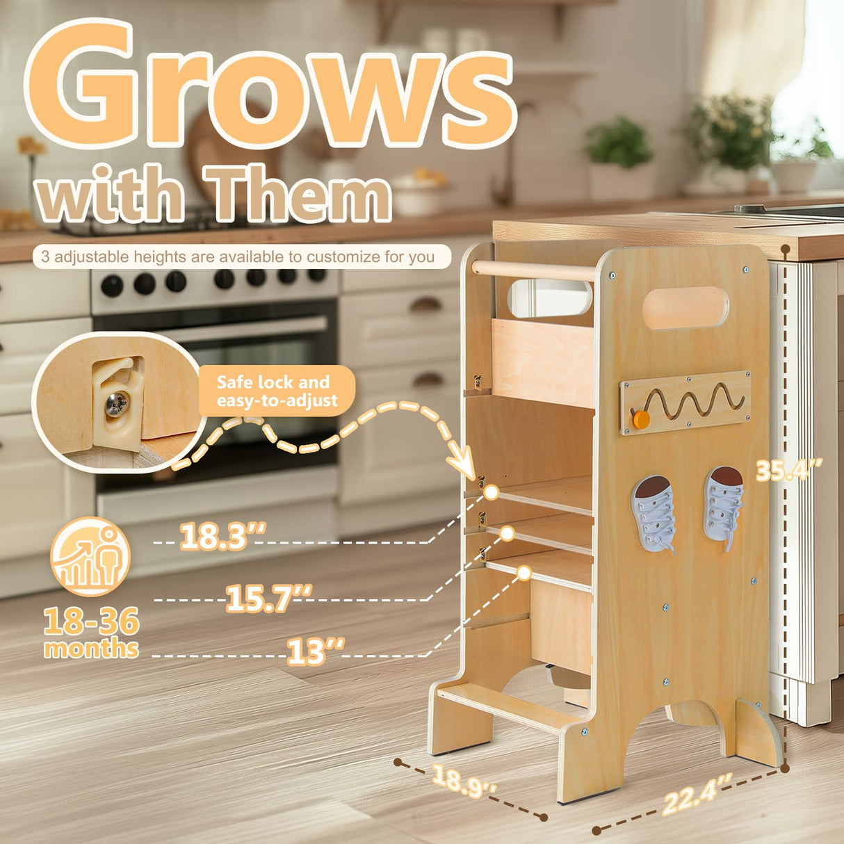 FlyingBoom Toddler Tower 4-in-1 Multifunctional Toddler Kitchen Stool Helper with Removable Safety Board, Adjustable Heights, Slide, Highchair, Chalkboard, Montessori Games FlyingBoom