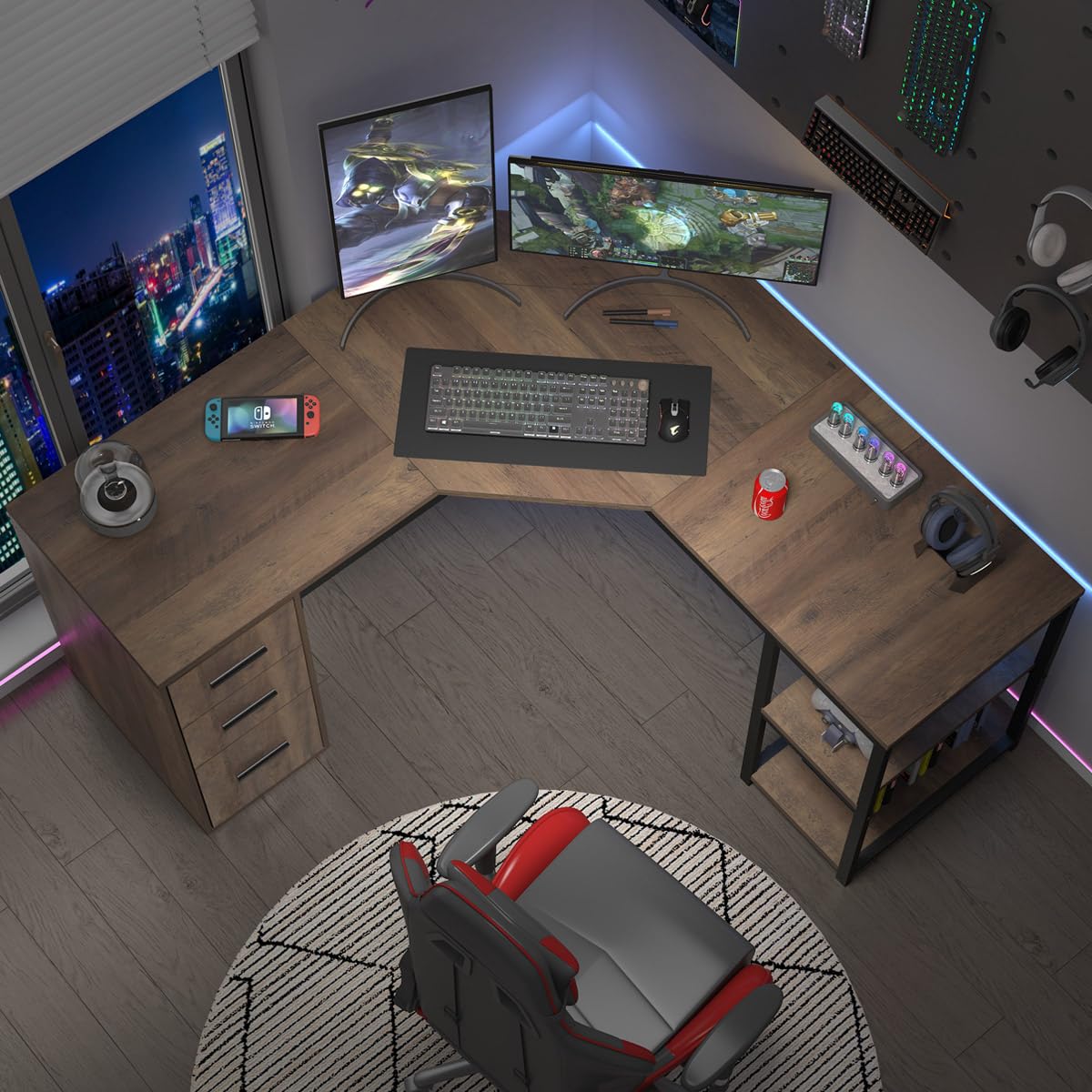 LVB Rustic L Shape Computer Desk with File Cabinet, Reversible Corner L-Shaped Desk with Drawers Storage Shelf, Modern Large Wood L Shaped Work Study Writing Gaming Desk Table for Home Office, 60 in LVB