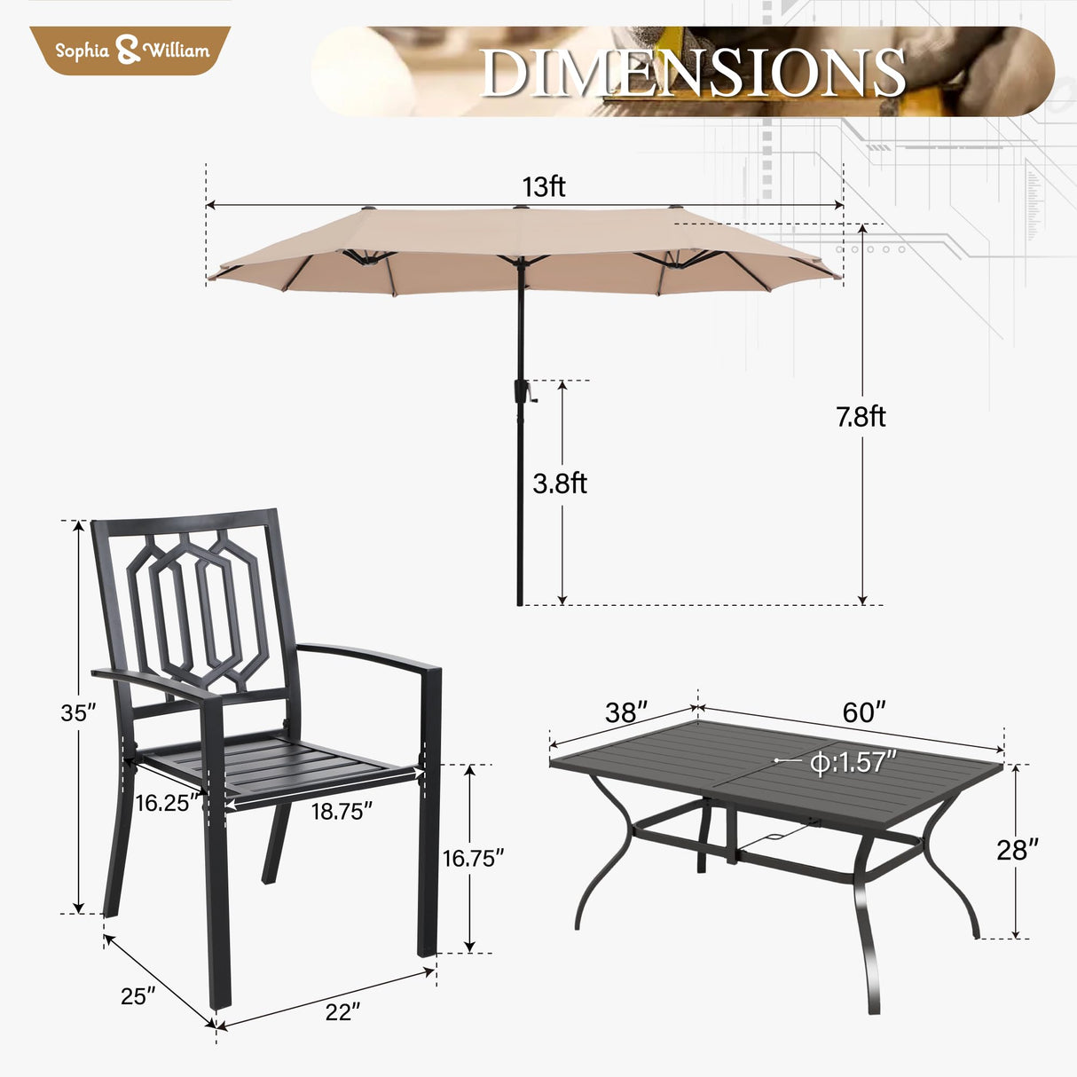 Sophia and William Patio Dining Set for 6 with 13ft Double-Sided Patio Umbrella, 8 Piece Metal Outdoor Table Furniture Set, 6 Outdoor Chairs, 1 Rectangle Dining Table and 1 Large Beige Umbrella Sophia & William