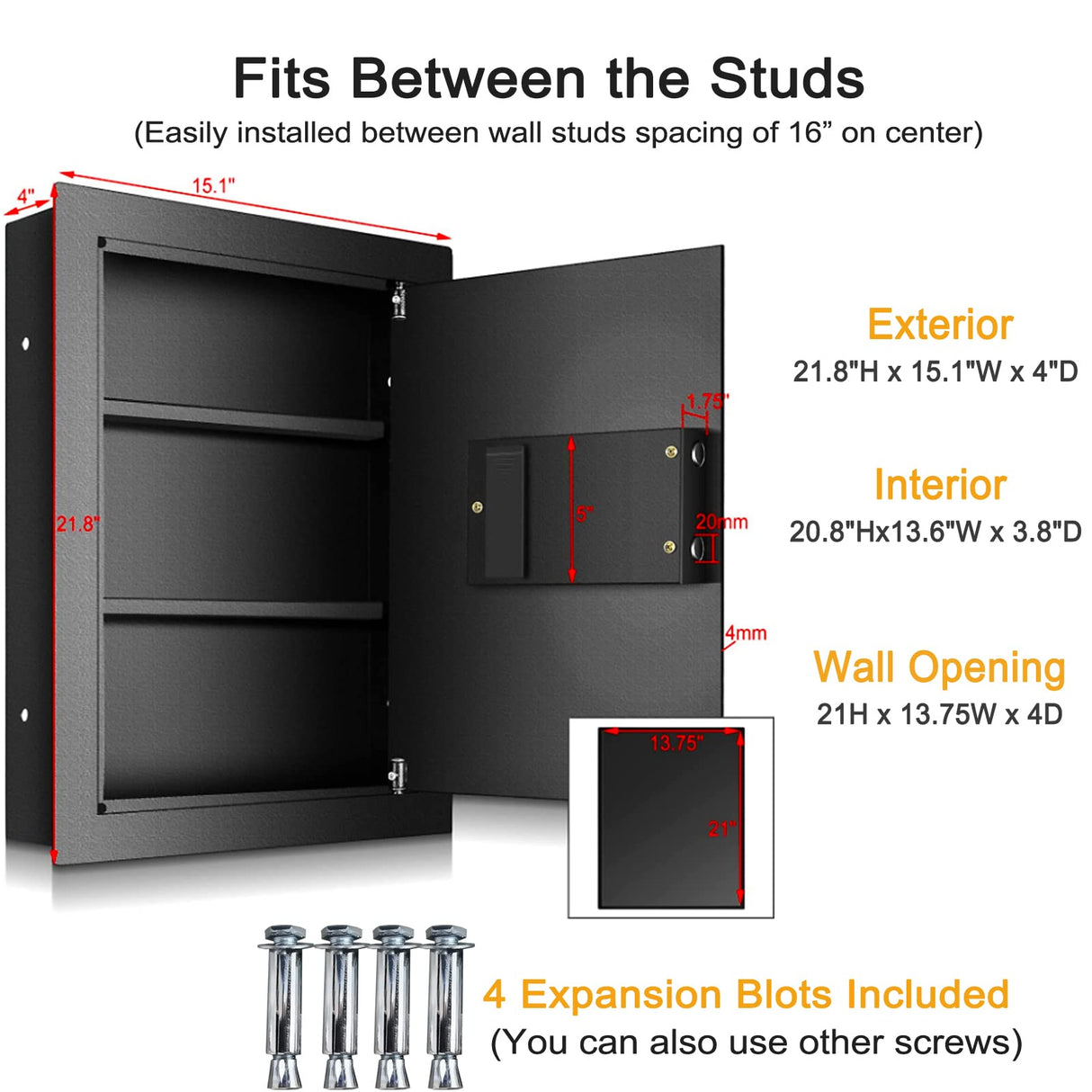 Biometric Wall Safe, Hidden Fingerprint Security Wall Safe, In Wall Safe Between Studs, Perfect for Home/Office/Hotel, Secure Handgun, Documents, Jewelry, Valuables Black LANGGER V
