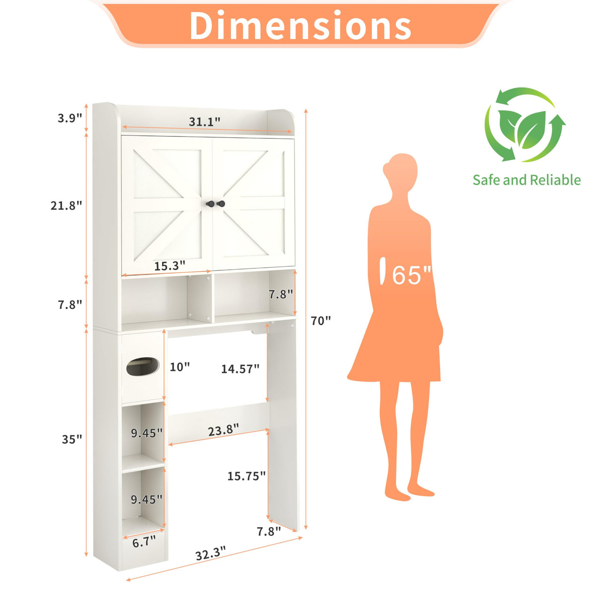 MUUEGM Over The Toilet Storage Cabinet with Barn Doors, White Bathroom Organizer, Farmhouse Tall Bathroom Storage Cabinet with Toilet Paper Holder, Above Toilet Shelf for Restroom, Laundry MUUEGM