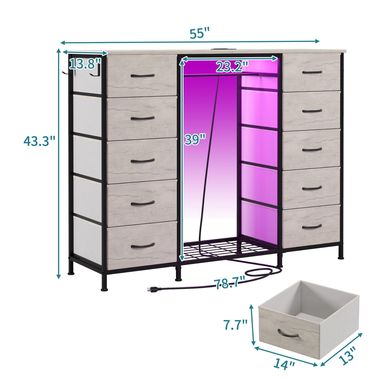 LUMTOK 55W 2-in-1 Dresser with Hanging Rack, 10 Drawers Dresser for Bedroom,Dressers with Fabric Drawers,LED Lights, Charging Station and Hanging Racks for Bedroom (Greige) LUMTOK