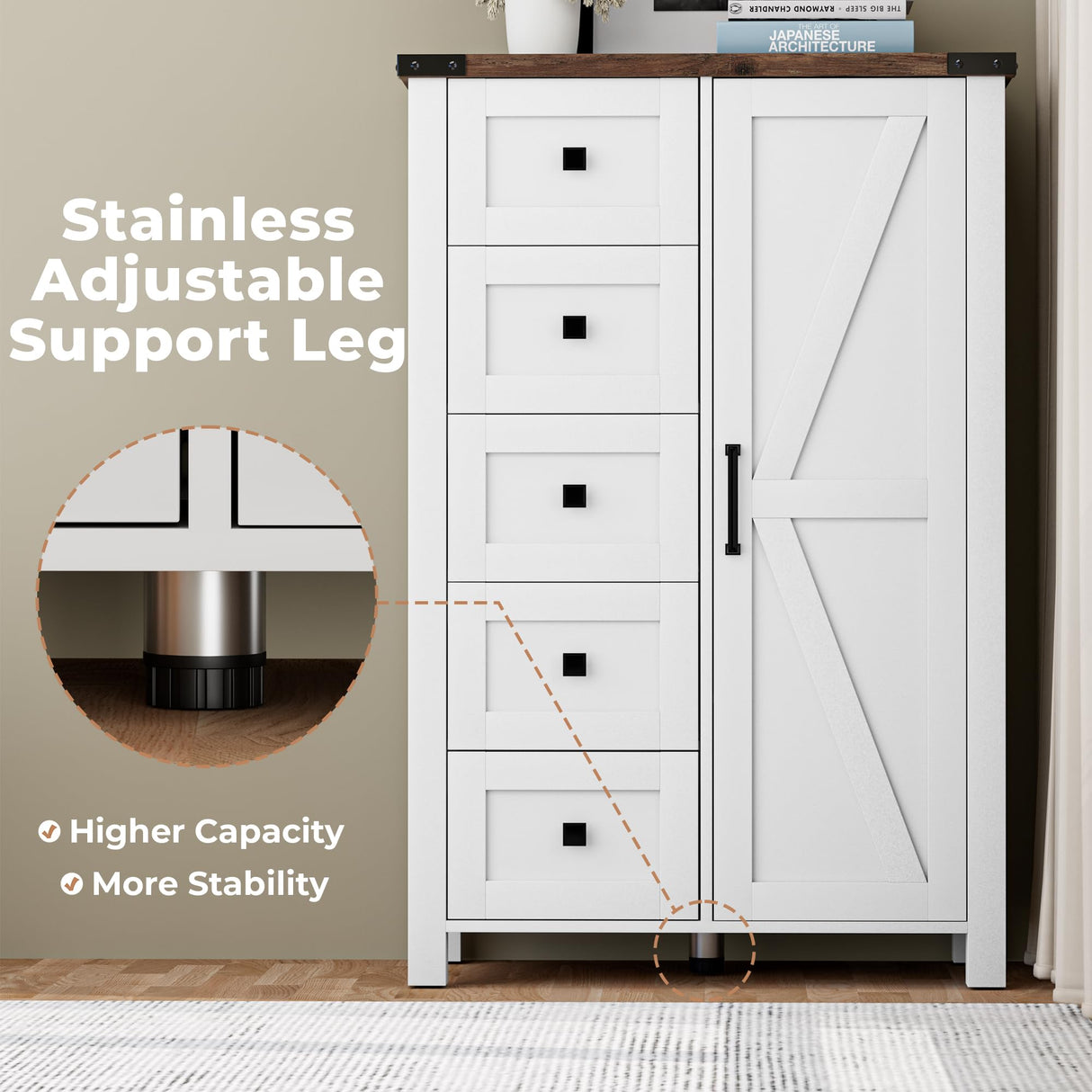 VVFLU Farmhouse Dresser Storage Cabinet Chest of Drawer for Bedroom, 5 Drawer Dresser with Barn Door, 48 Inch Tall White Wood Dresser, Adjustable Shelves, Rustic, for Living Room, Entryway, Hallway VVFLU