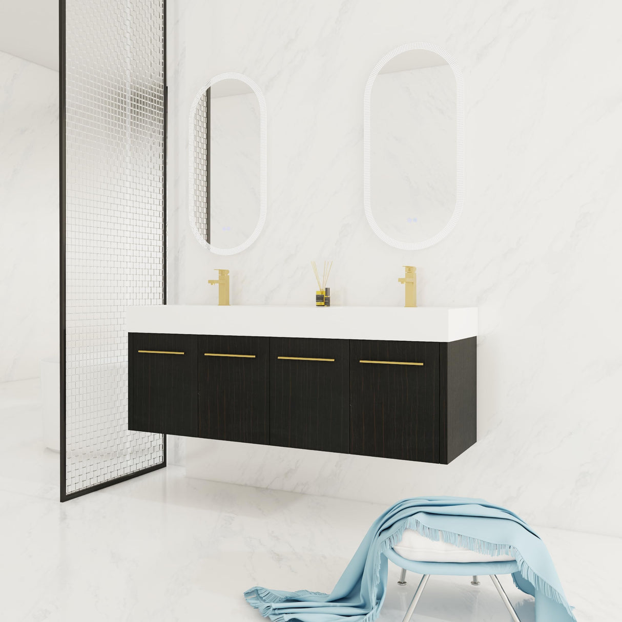 60" Black Wall Mounted Bathroom Vanity with Double Sink, High End Floating Vanity 4 Door Bathroom Cabinet with Thicken Edge Resin Sink,60 Inch Large Wood Bathroom Vanity with Gold Handle Goujxcy