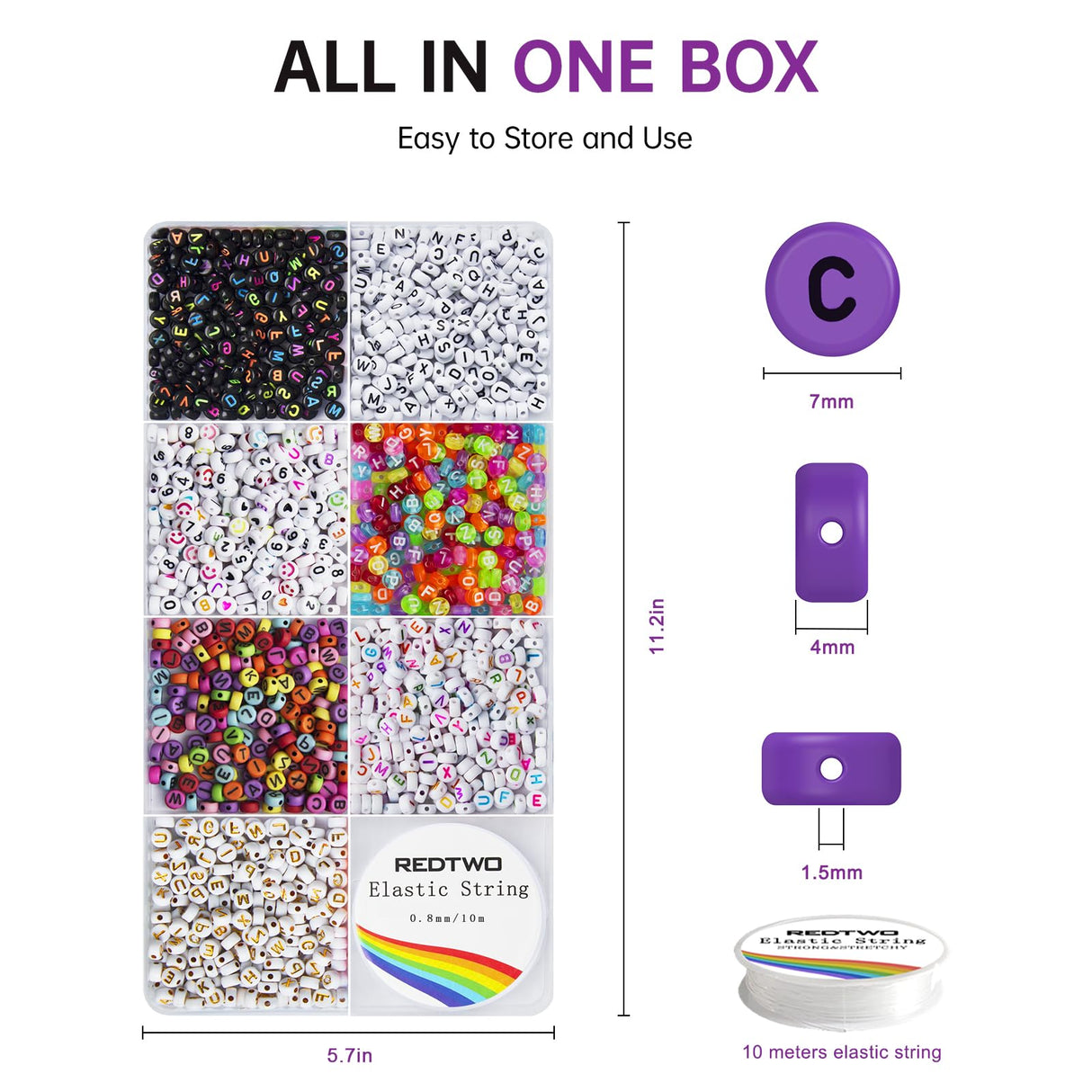 Redtwo 1600 Pcs Letter Beads Kit, 6 Styles of Colorful Alphabet Beads for Bracelet, Number Beads Smiley Face Beads Heart Beads and a Roll of Elastic String for Friendship Bracelet Kit. Redtwo