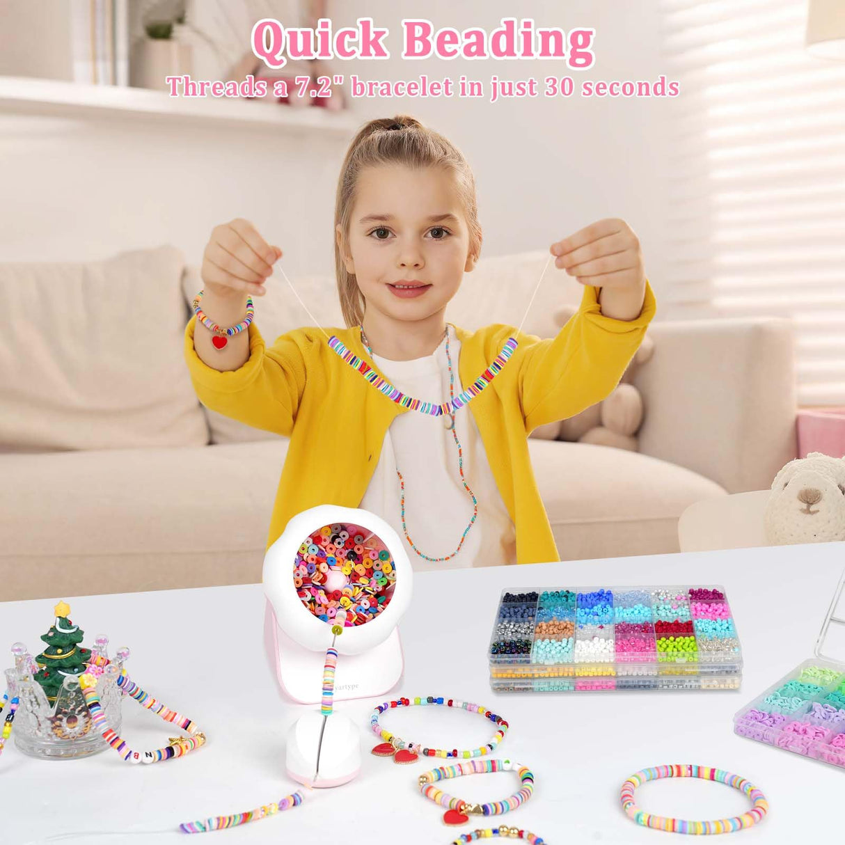 Myartype Clay Bead Spinner and Seed Bead Spinner, 2-in-1 Electric Bead Spinner for Jewelry Making, Bracelet Spinner and Necklace Making Machine with Bead Needles and Thread (Pink) Myartype