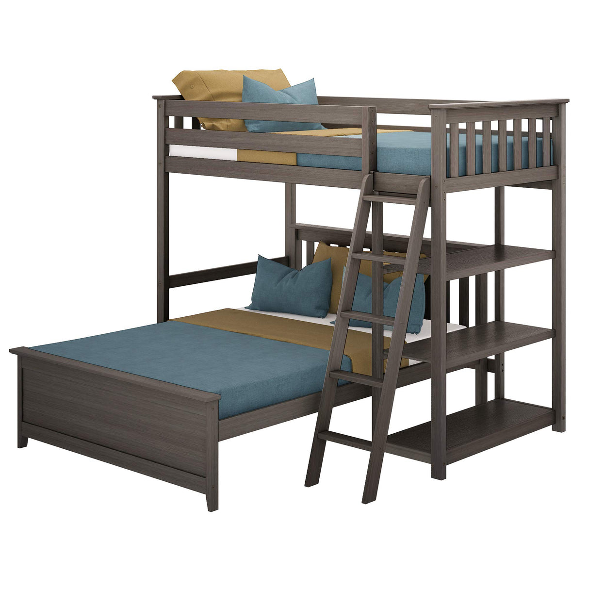Max & Lily L Shape Twin over Full Bunk Bed with Bookcase, Clay Max & Lily